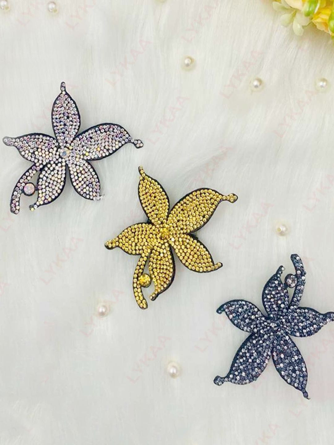 LYKAA Set of 3 Assorted Floral Rhinestones Alligator Clip Bridal Brooch