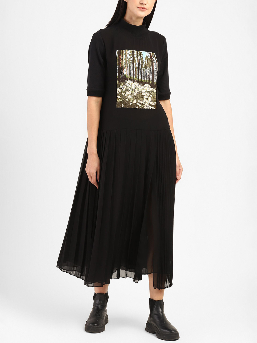 HUEMN Embroidered Trees Handcrafted Mock Neck Slit Maxi Dress