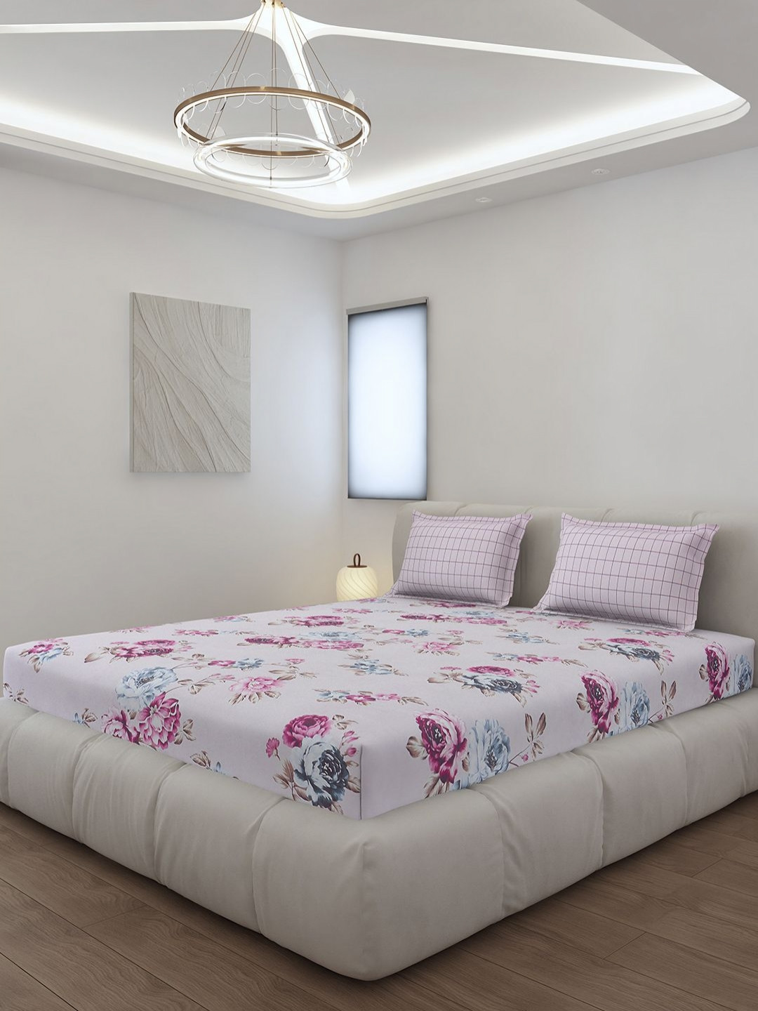 Monte Carlo Magenta Floral Polyester 144 TC King Bedsheet with 2 Pillow Covers-98 x 108 inches