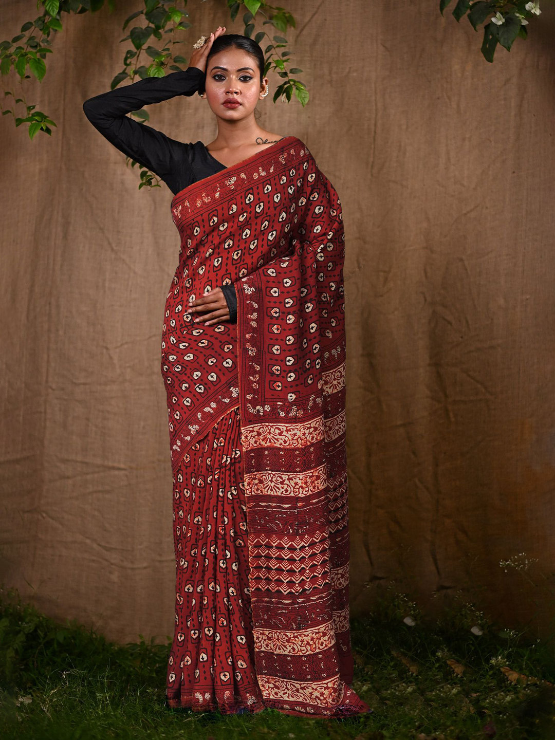 Unnati Silks Ajrak Printed Zari Border Block Print Saree