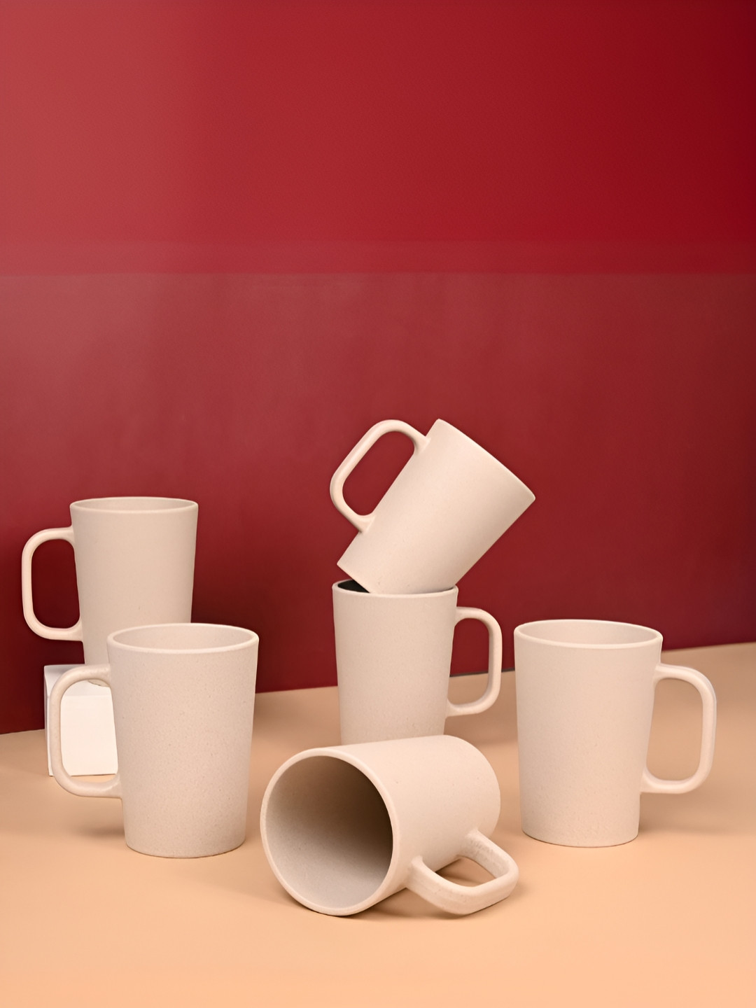 eha Cherry Embrossed Beige Biocomposite Microwave Safe 6 Piece Mugs-400ml