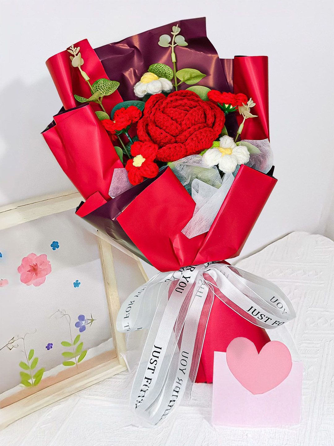 Nostrae by Ekhasa Red Rose Crochet Flowers Bouquet (Medium Size)