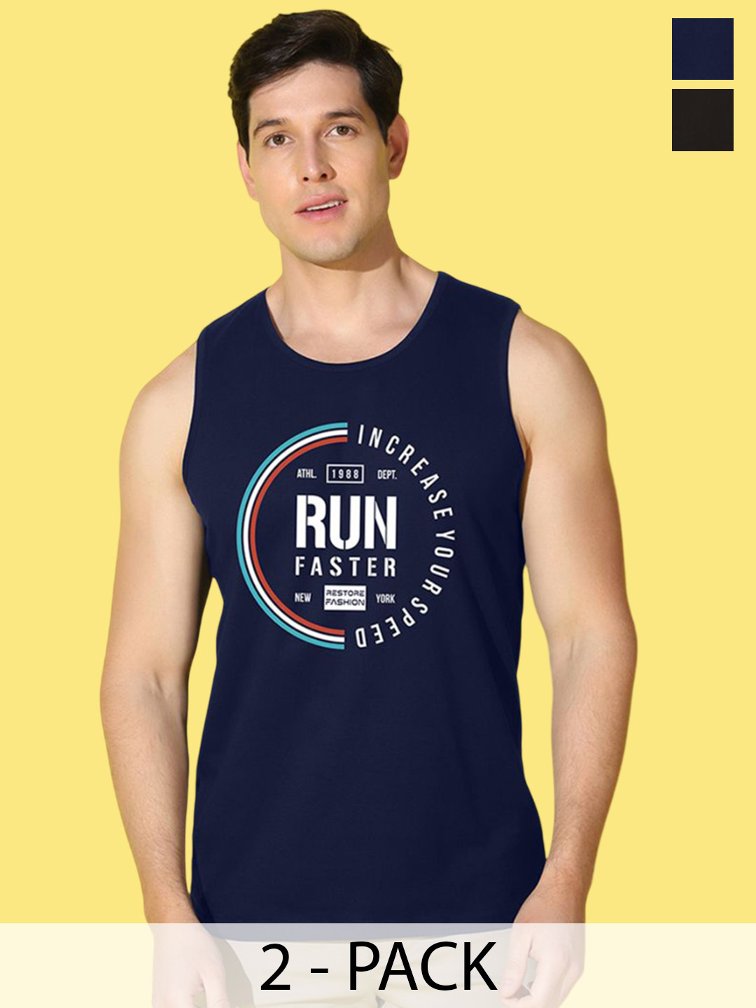WOOSTRO Pack Of 2 Printed Super Combed Cotton Gym Vests VWS26(RUN BLACK)(RUN NAVY)