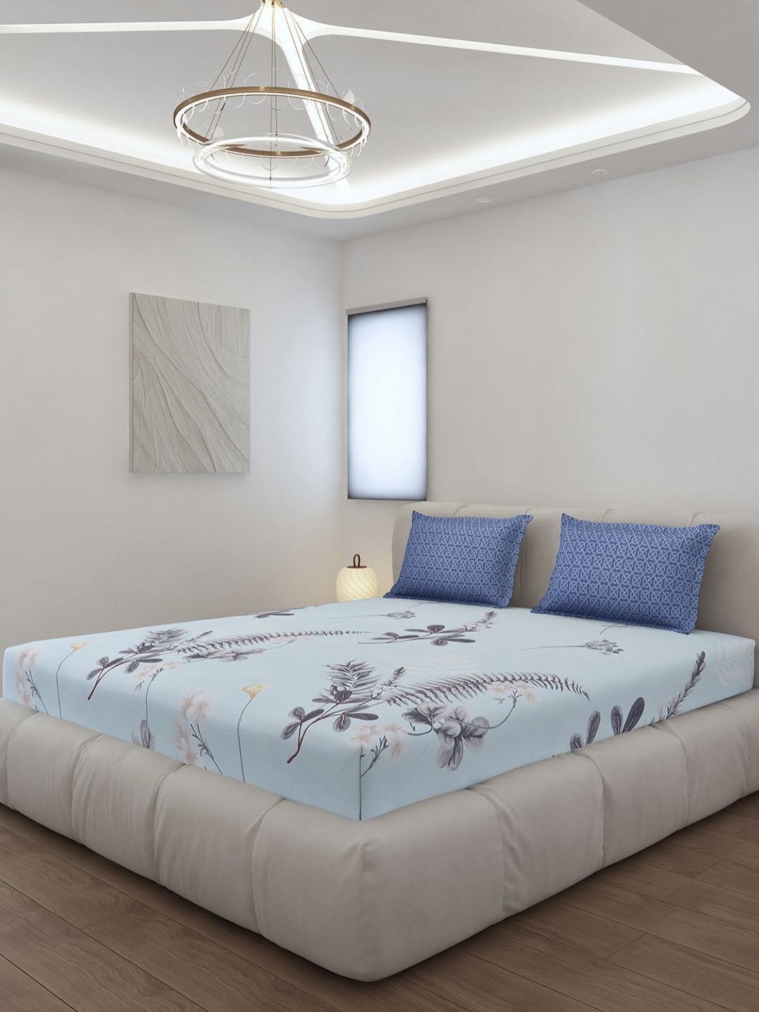 Monte Carlo Blue Floral Polyester Breathable 144 TC Fitted King Bedsheet with 2 Pillow Covers-185 x 195 cm