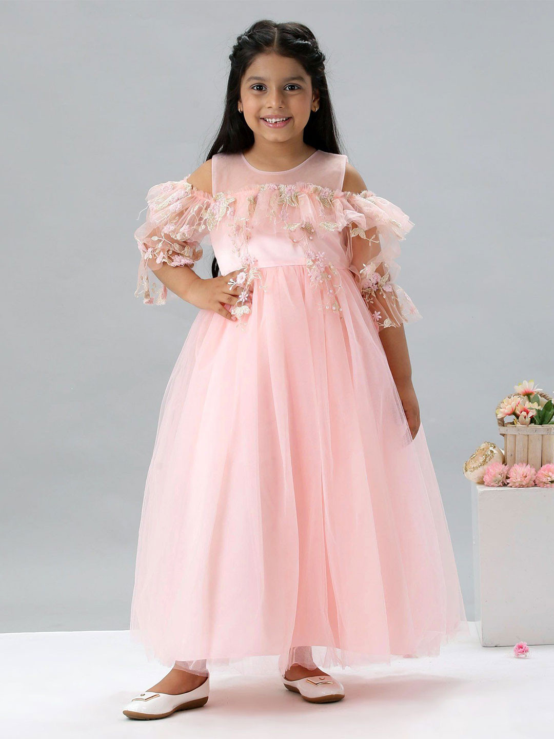 Mark & Mia Girls Solid Embellished Fit & Flare Maxi Dress With Flowers