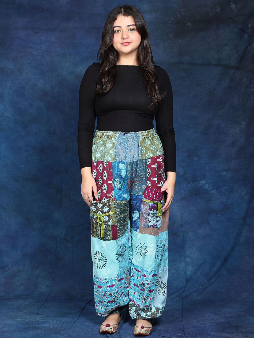 Exotic India Women Pure Cottom Printed Patchwork Trouser with Elastic Waist & Bottom