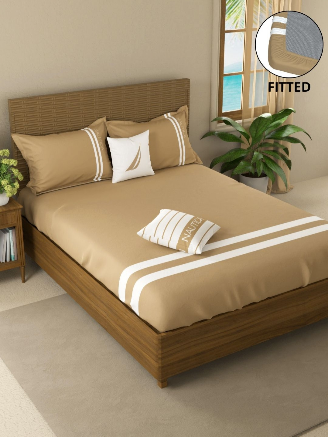 Nautica Coastal Stripe Taupe Striped Cotton Egyptian Satin King Bedsheet Set 1.98 x 1.83 m