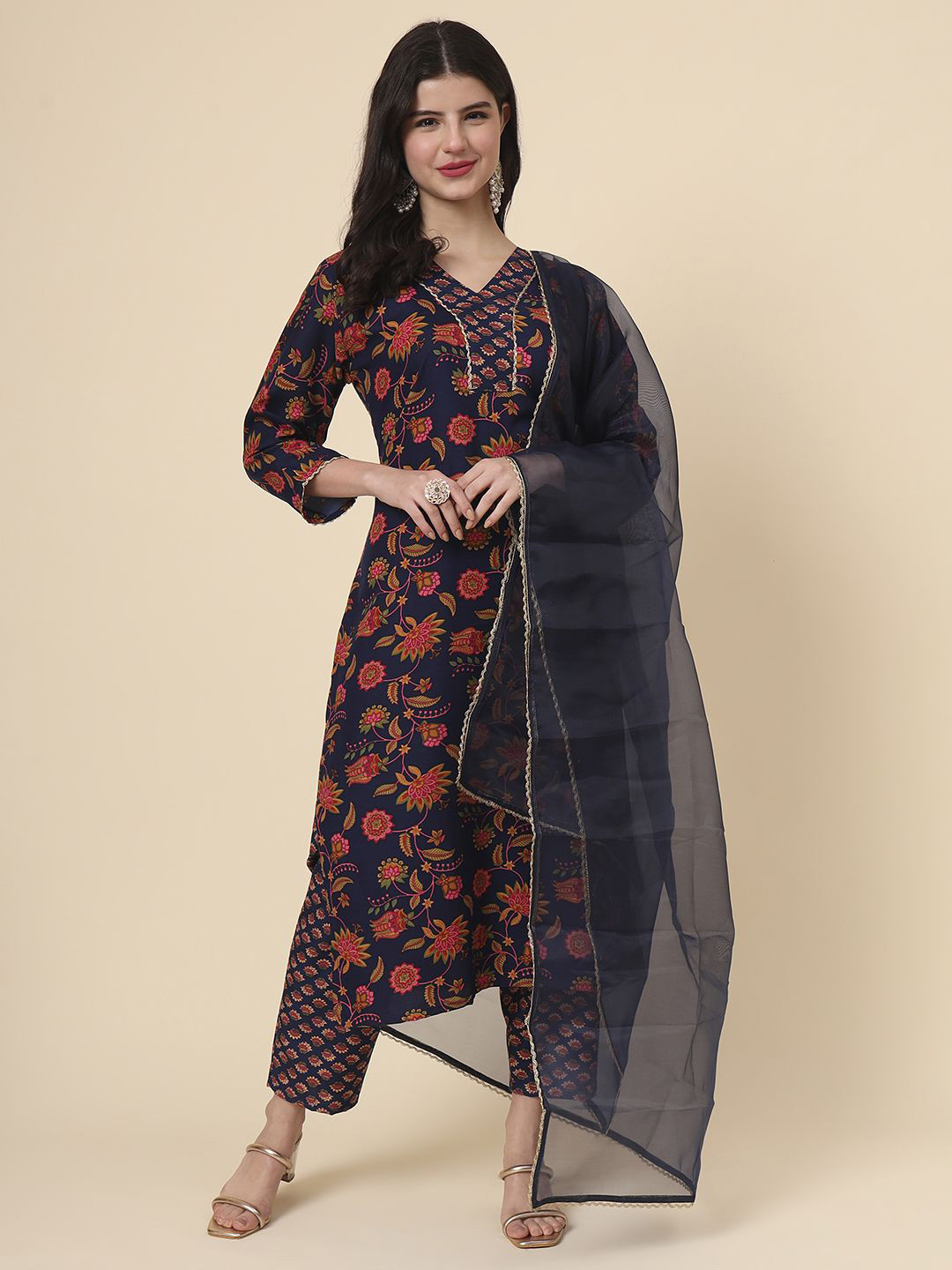 HERE&NOW Apurva Floral Printed Kurta With Trousers & Dupatta