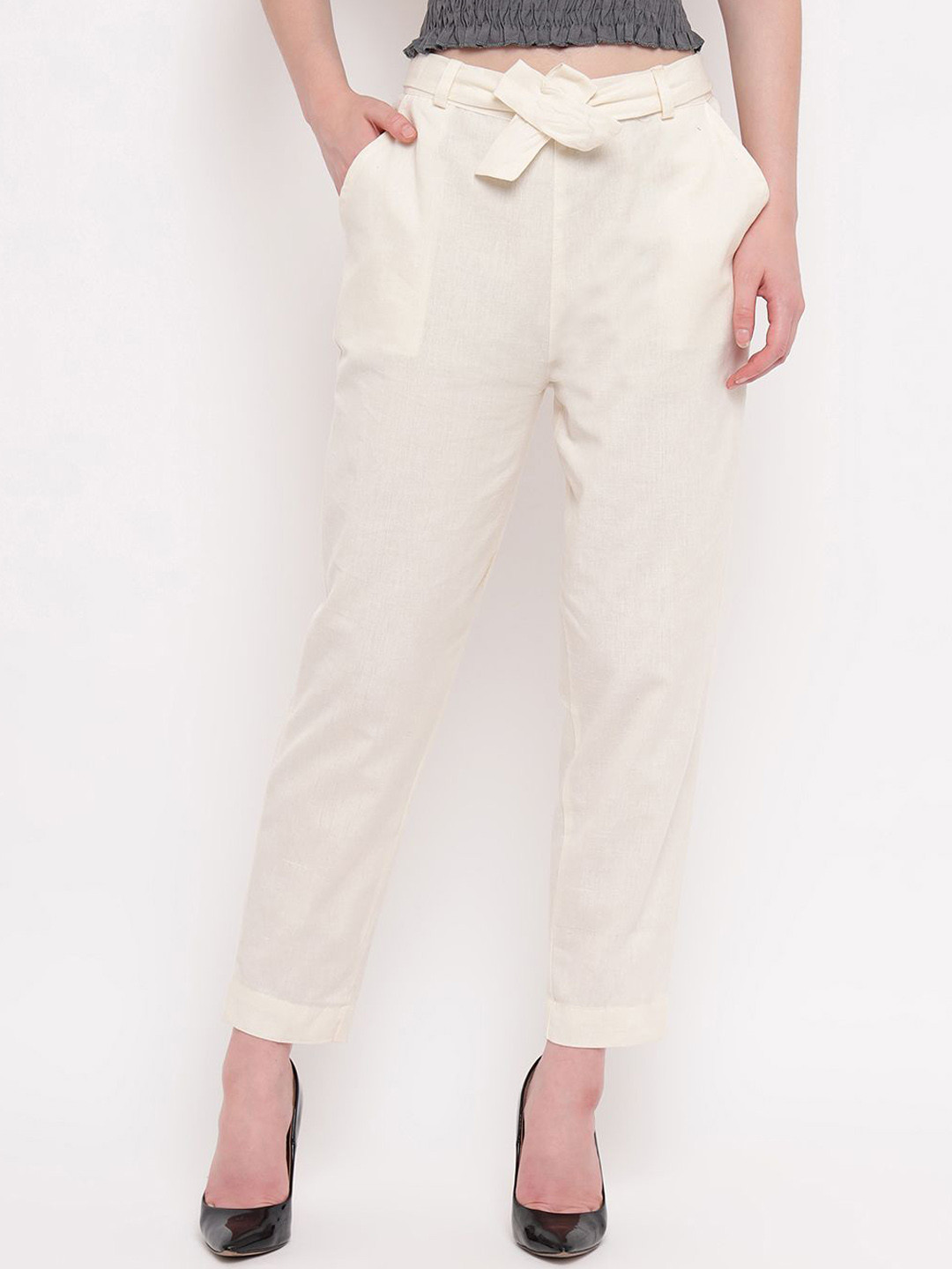 Aawari Women High-Rise Slim Fit Chinos Comes with a belt