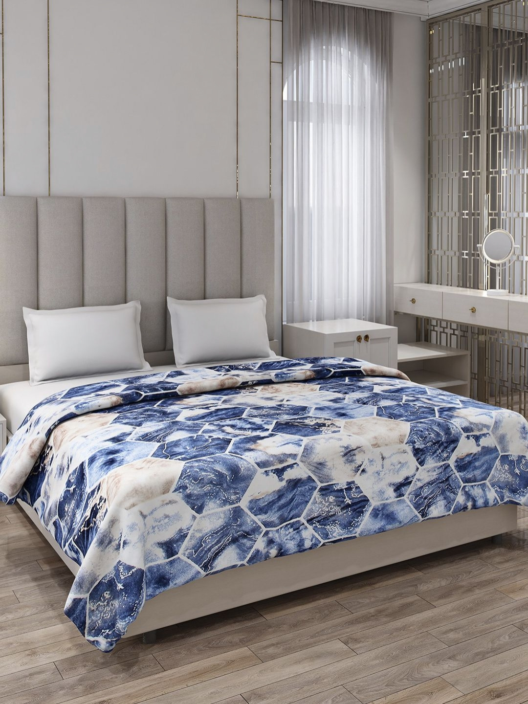 Monte Carlo Blue & White Geometric Printed AC Room 350 GSM Double Bed Blanket