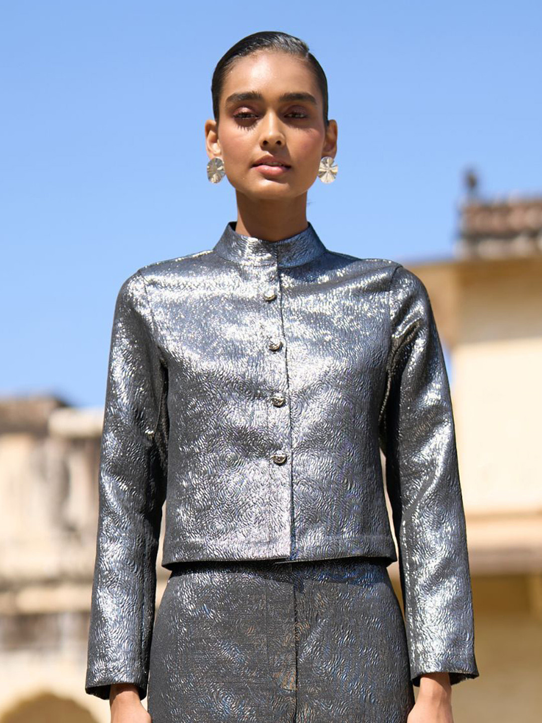 Dash and Dot Self Design Mandarin Collar Shirt Style Metallic Structured Top