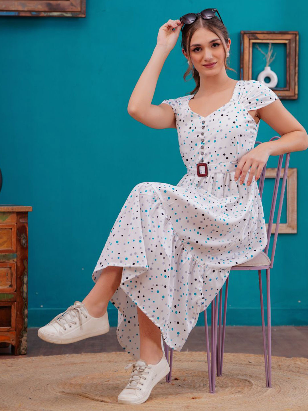 OH MI DIOS Women Turquoise Polka Dots Midi Dress