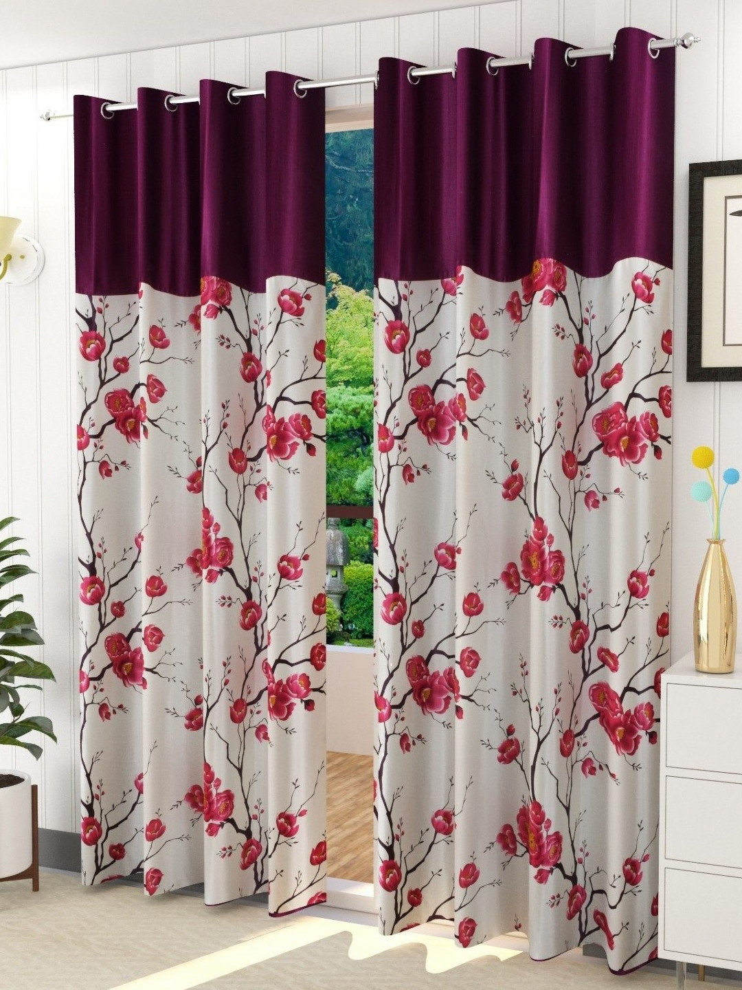 Galaxy Home Decor Purple & White 2 Pieces Floral Printed Light Blocking Window Curtains
