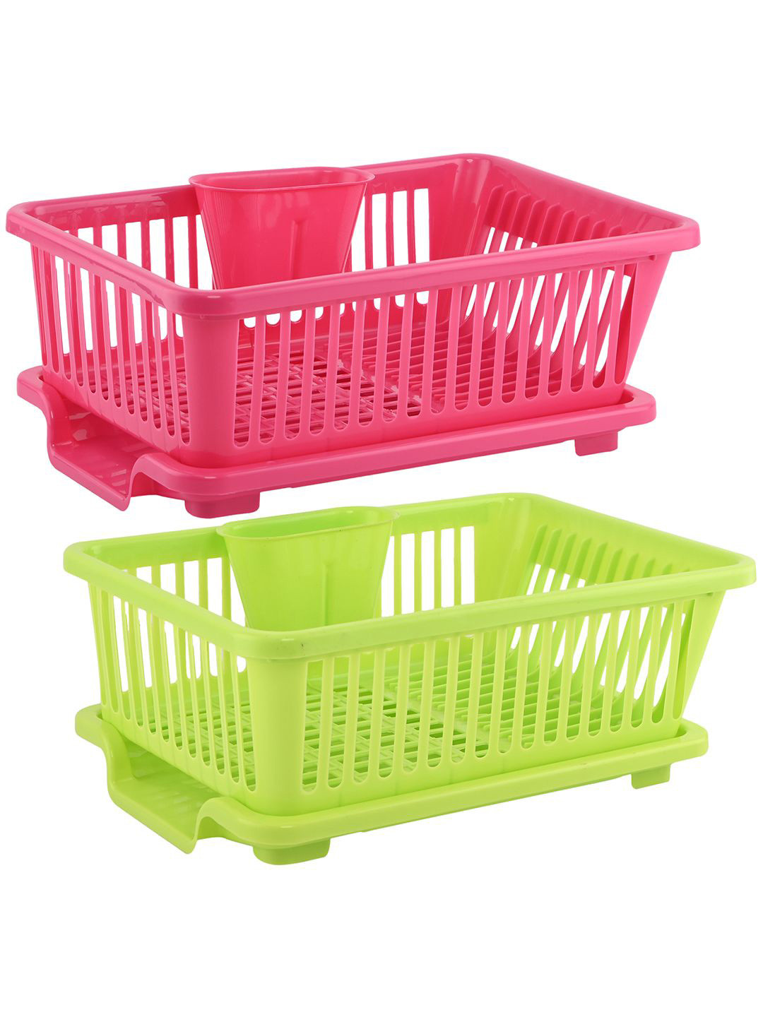 Kuber Industries Pack of 2 Plastic Dish Drying Rack with Tray for Kitchen Pink Green
