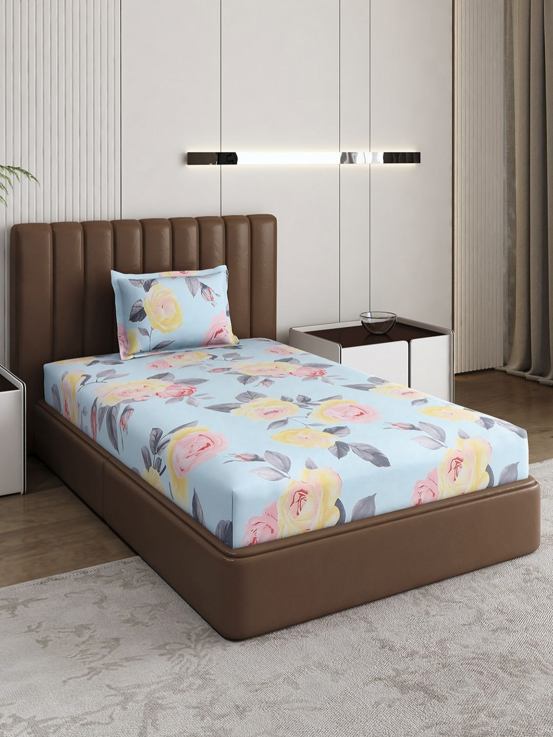 Monte Carlo Sea Green Floral Polyester 120 TC Single Bedsheet with a Pillow Cover-152 x 230 cm