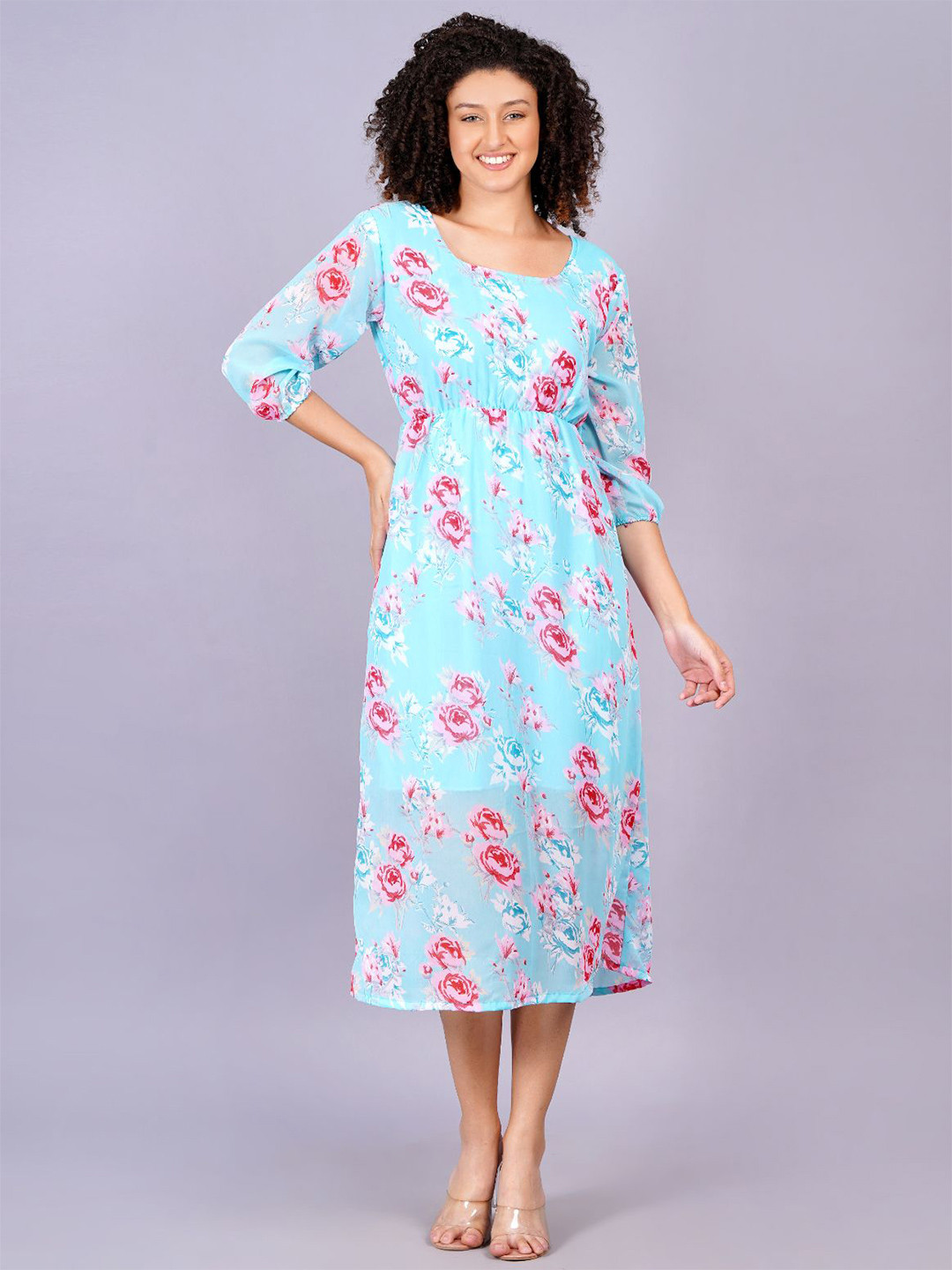 OH MI DIOS Women Floral Printed A-Line Square Neck Midi Dress