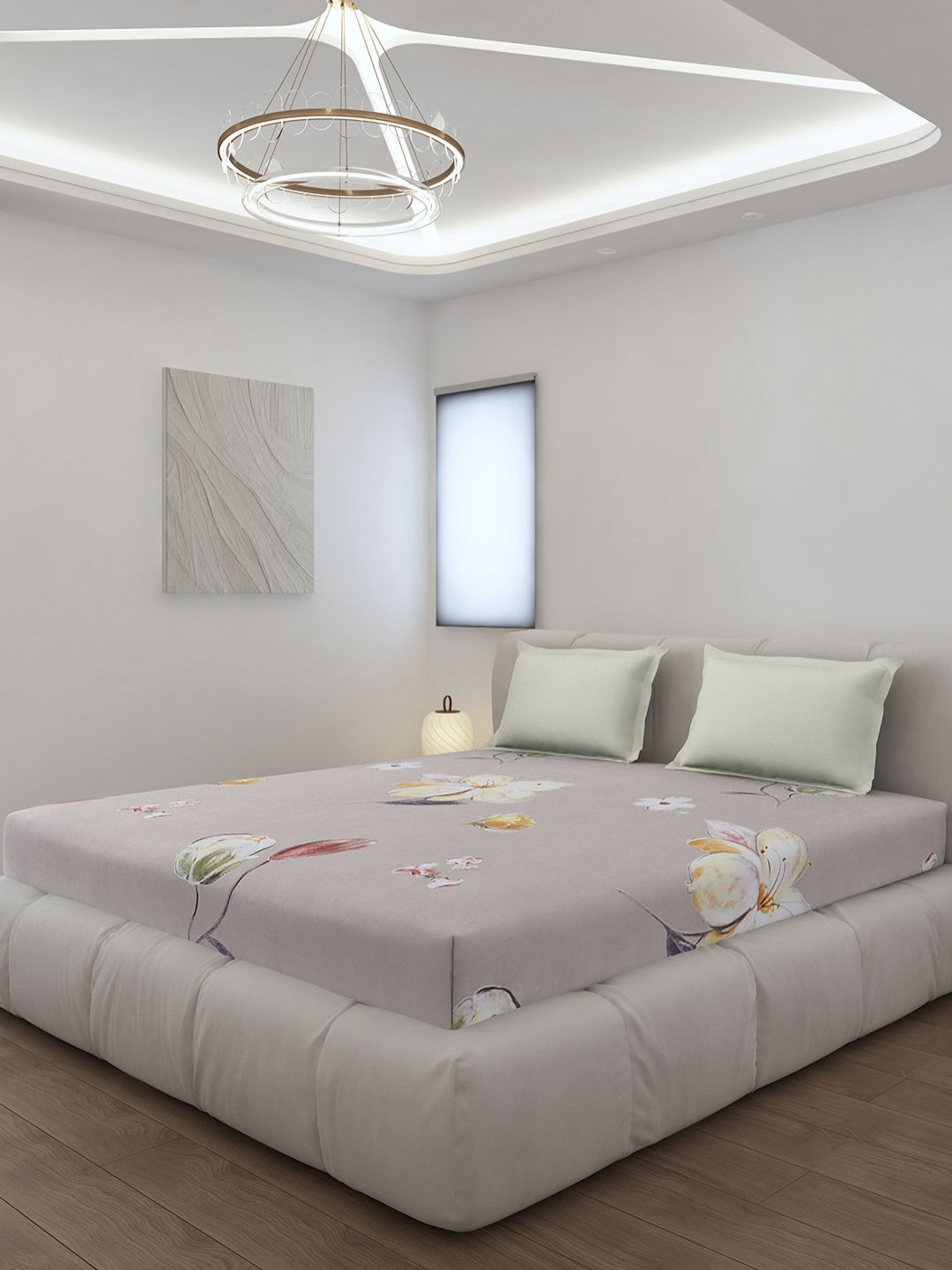 Monte Carlo Grey Floral Polyester 144 TC Fitted King Bedsheet with 2 Pillow Covers-77 x 73 inches