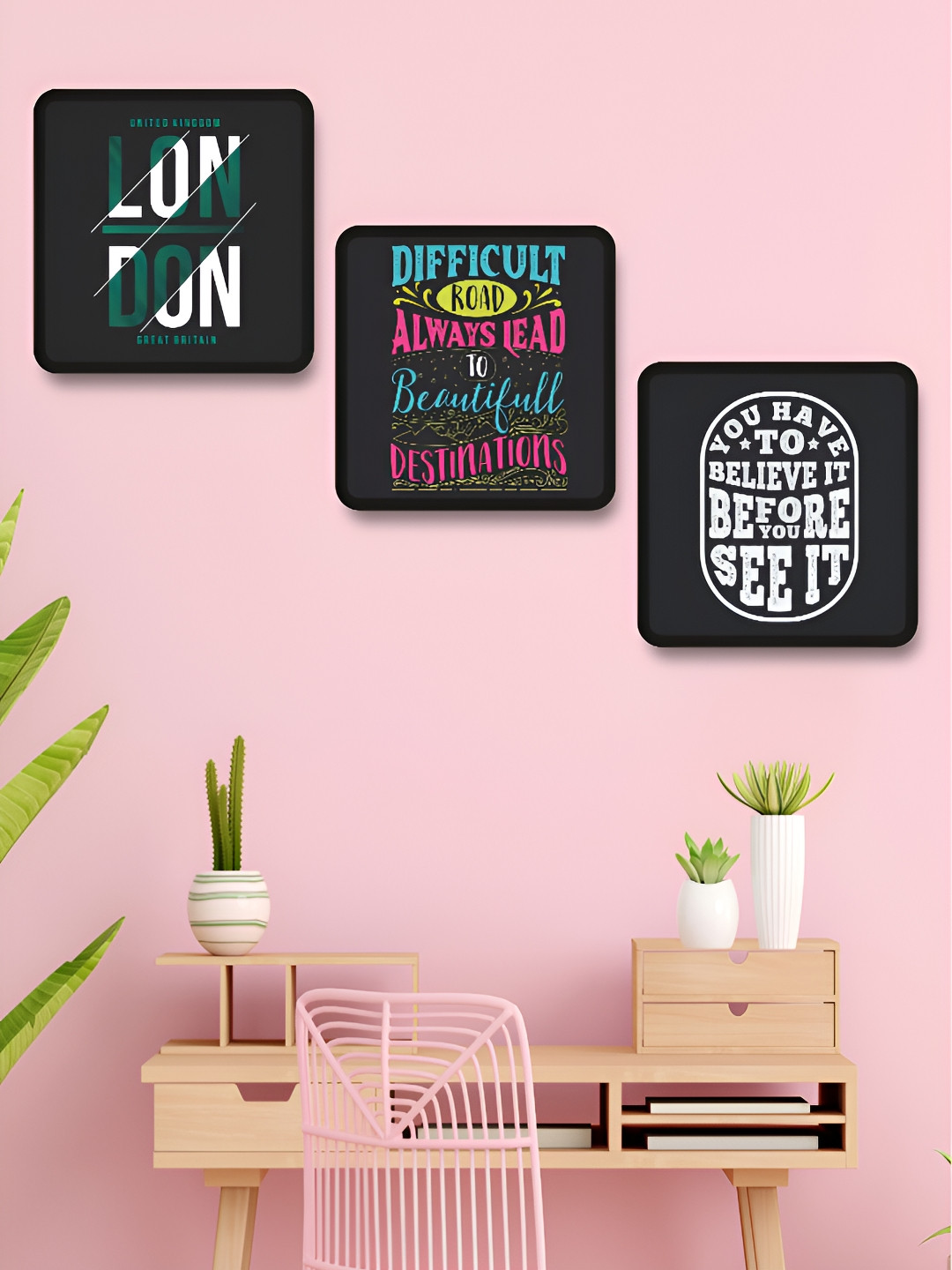 Aura Quotes Black Wood 3 Pcs Wall Living Room Square Potrait Paintings Wall Art -19 x 19In