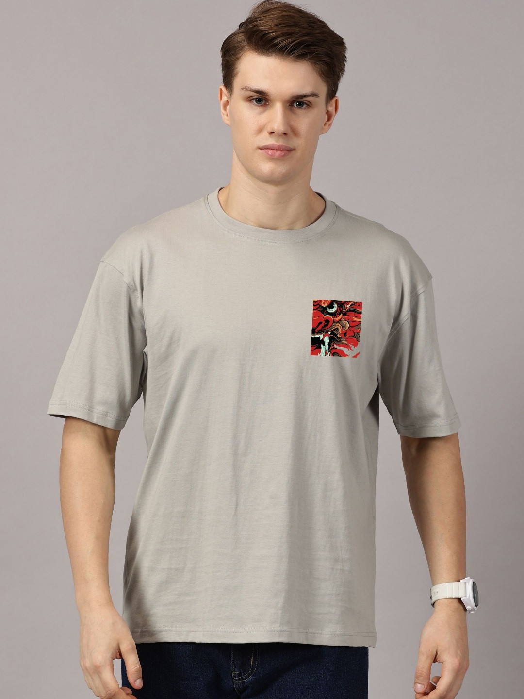 LEON Men Dragon Printed Cotton Oversized T-shirt