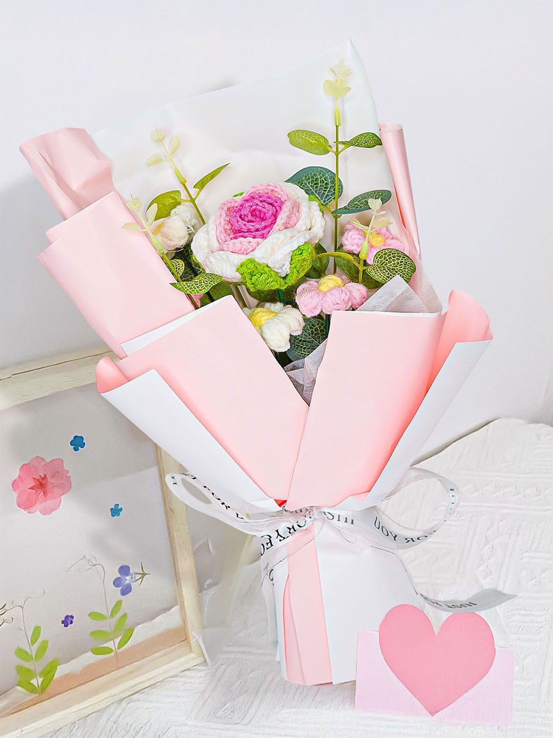 Nostrae by Ekhasa Pink With White Rose Crochet Flowers Bouquet (Medium Size)