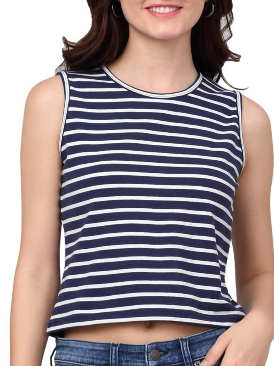 Navy Blue and White Striped Crop Tank Top