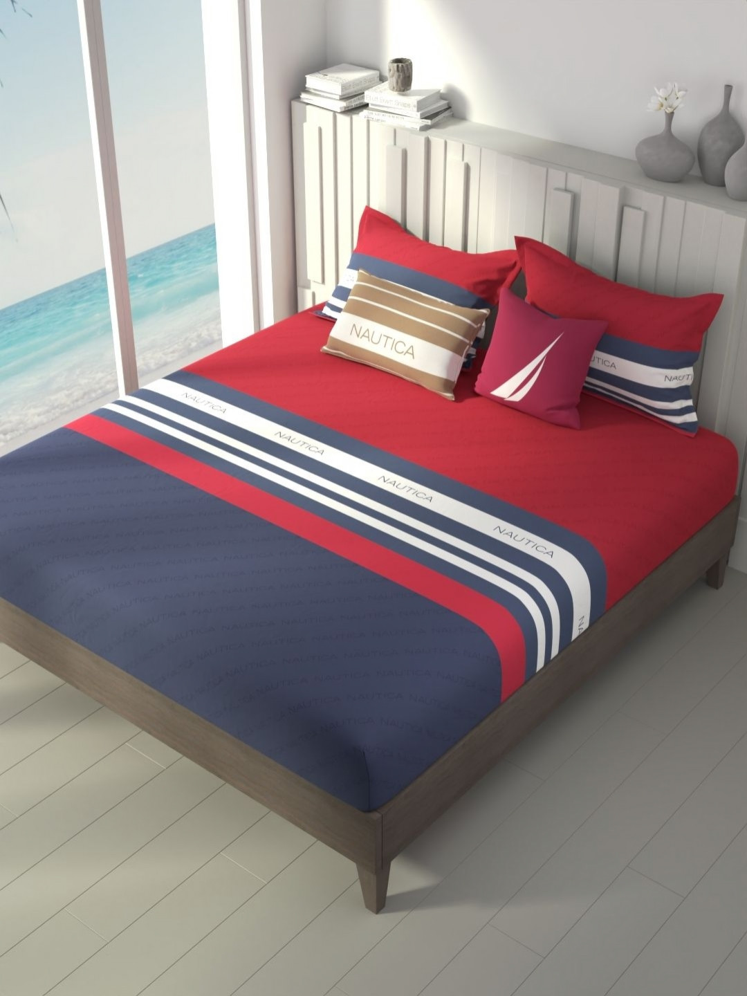 Nautica Ocean View Blue Striped Pure Cotton160 TC King Bedsheet Set 2.74 m x 2.74 m