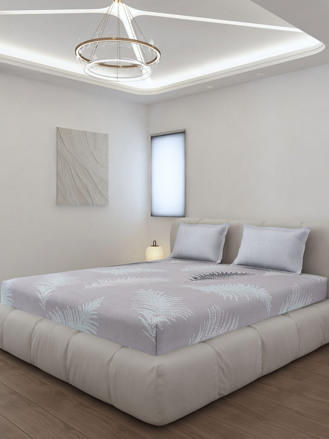 Monte Carlo Grey Leaf Polyester 144 TC Fitted King Bedsheet with 2 Pillow Covers-73 x 77 inches