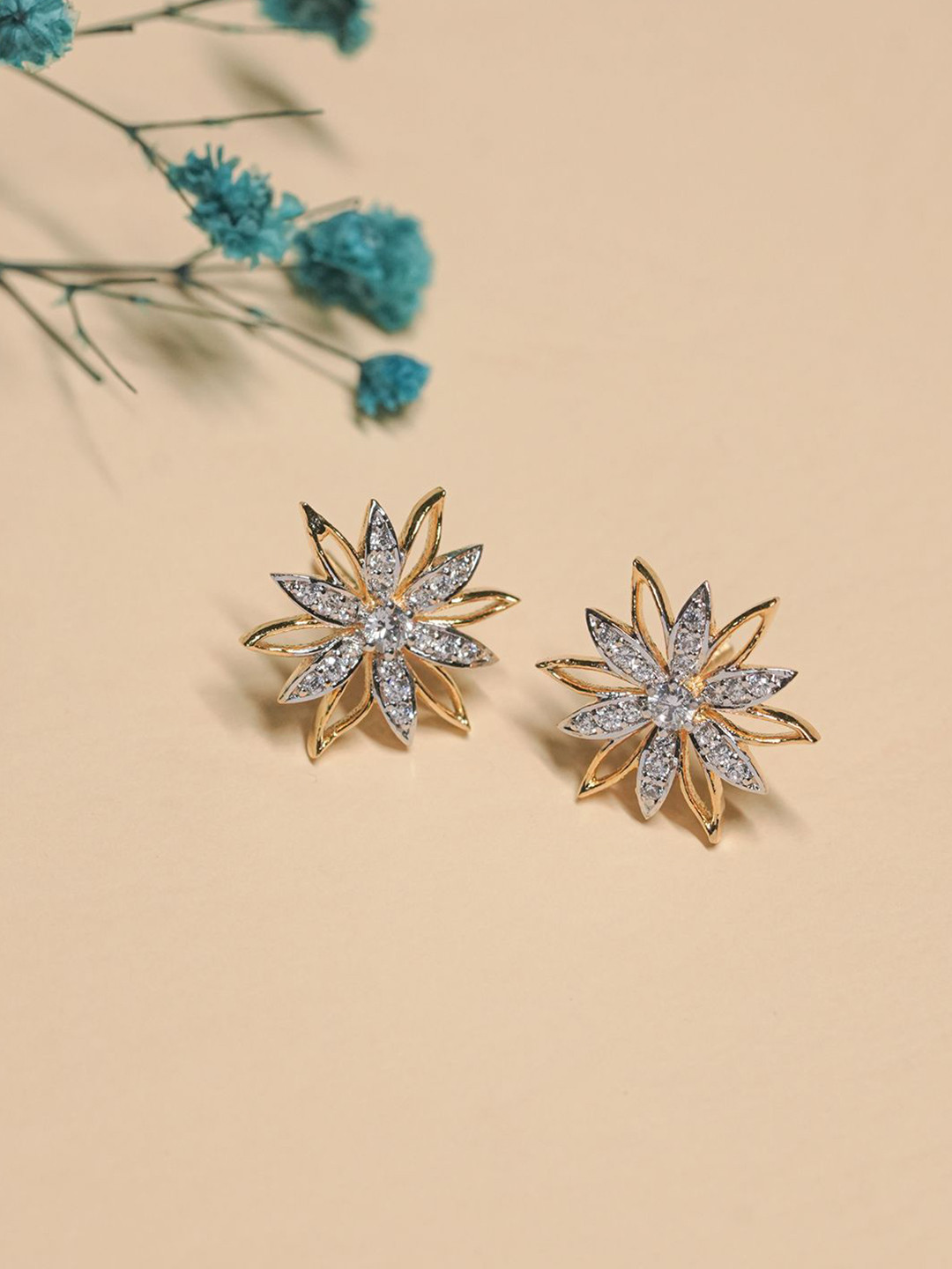 Ele Jewels Silver Gold-Plated Cubic Zirconia Studded Floral Shaped Studs