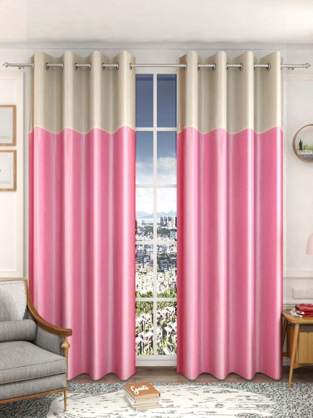 Galaxy Home Decor Pink & Cream 2 Pieces Light Blocking Window Curtains