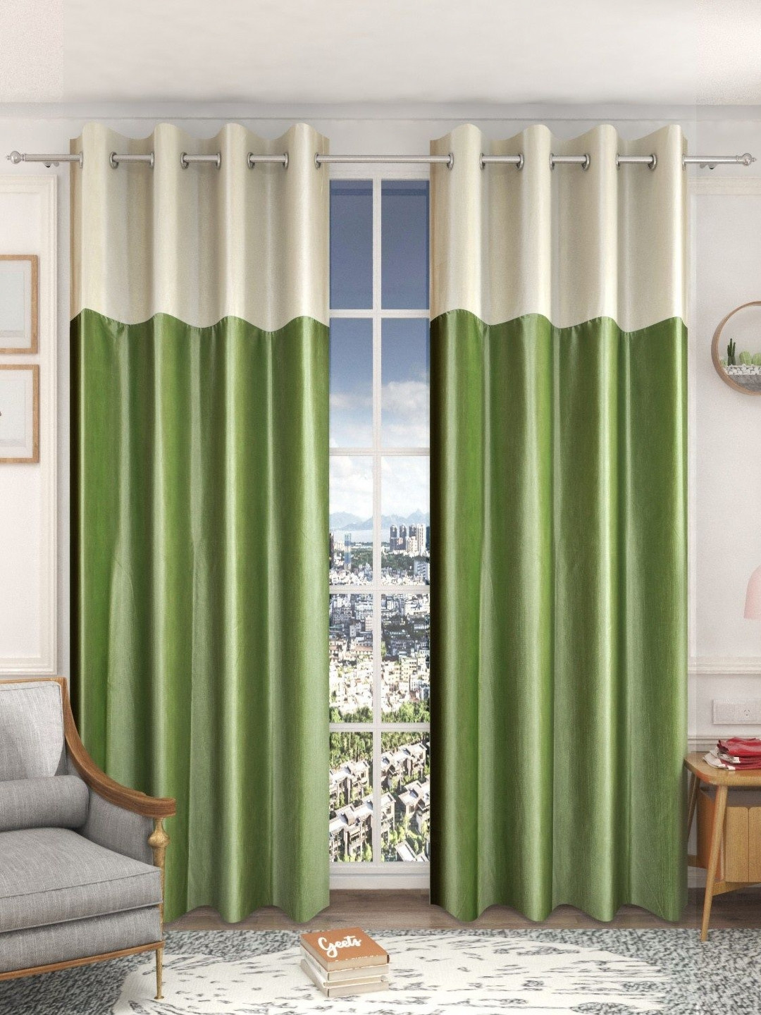 Galaxy Home Decor Green & Cream 2 Pieces Light Blocking Long Door Curtains