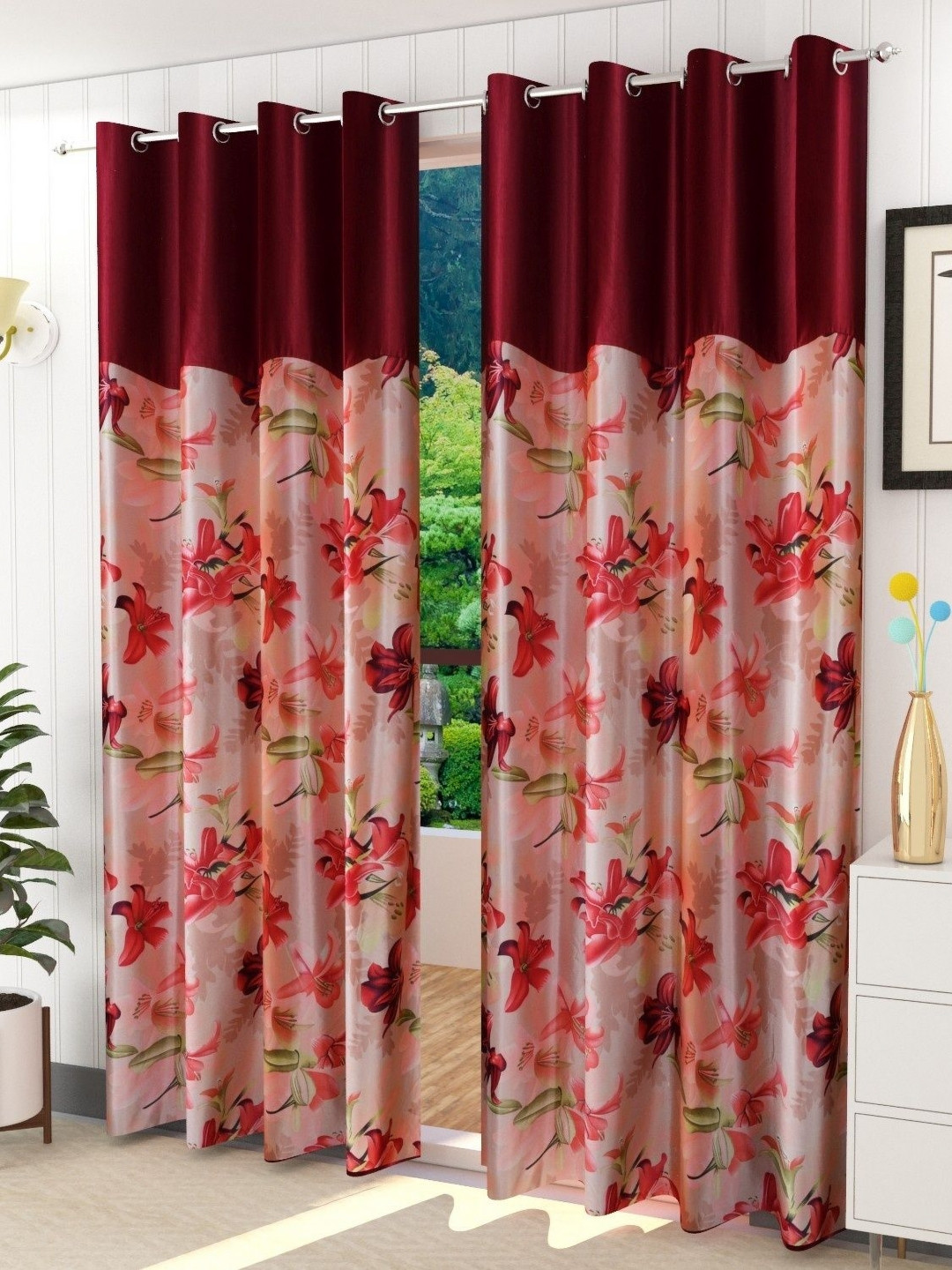 Galaxy Home Decor Maroon & Cream 2 Pieces Floral Printed Light Blocking Door Curtains