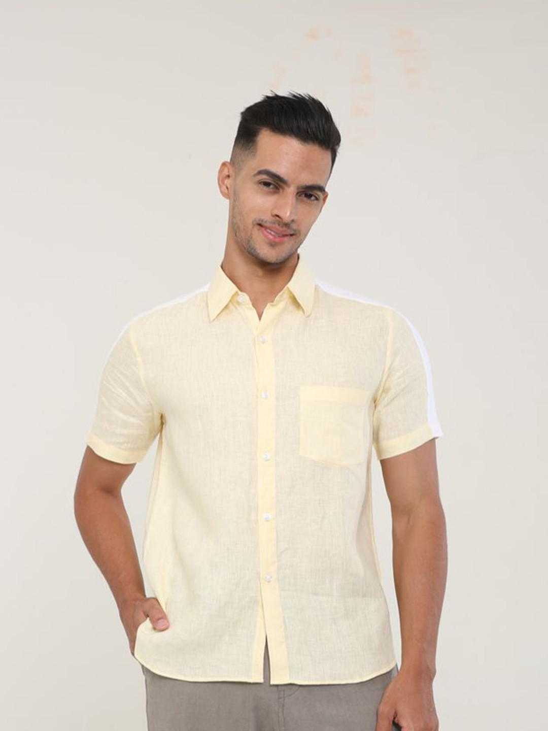 Style Matters Men Standard Fit Solid Spread Collar Linen Casual Shirt