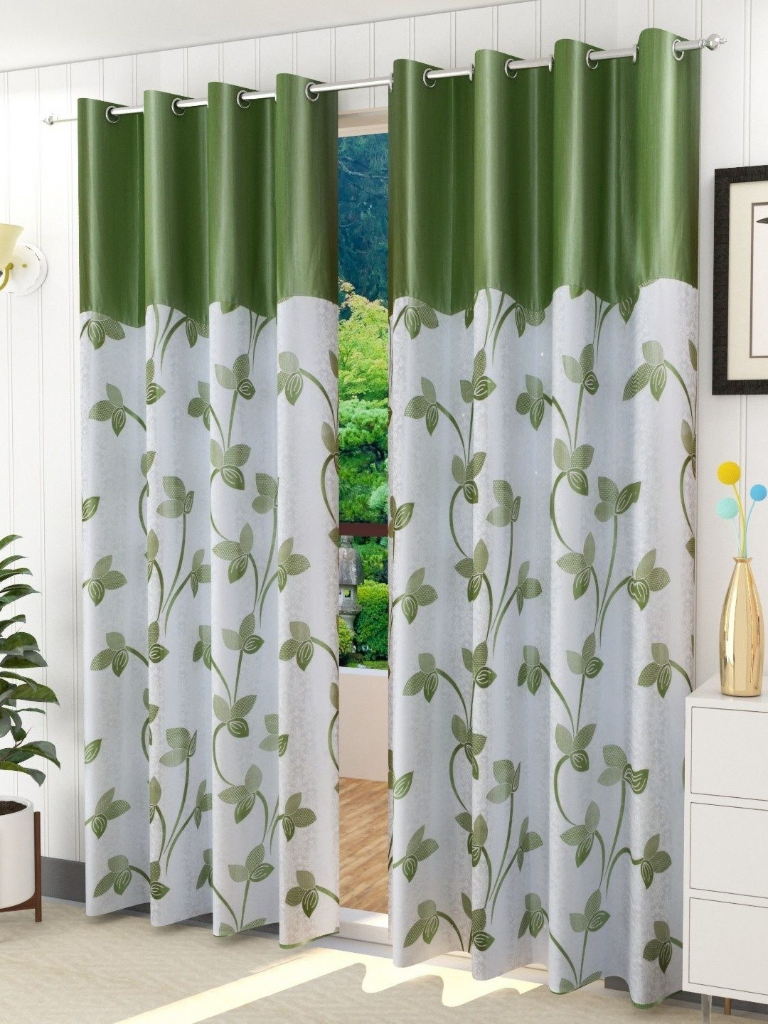 Galaxy Home Decor Green & White 2 Pieces Floral Printed Light Blocking Window Curtains