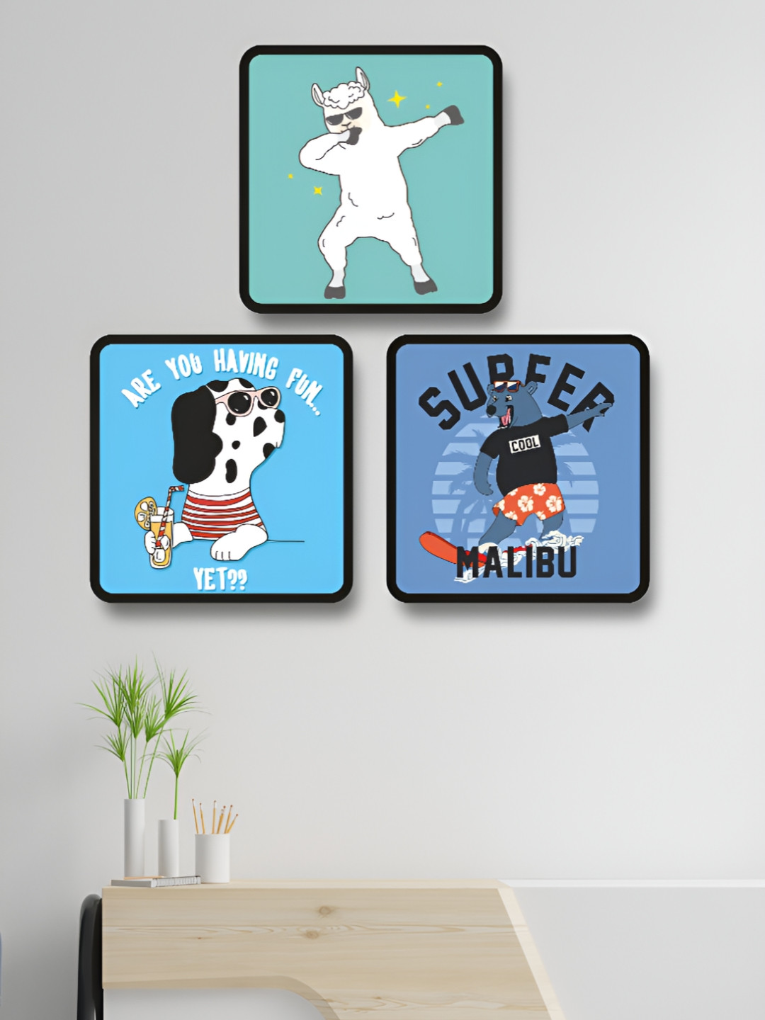 Aura Animal Cartoon Wood 3 Piece Wall Square Paintings Wall Art - 19 x 19 in