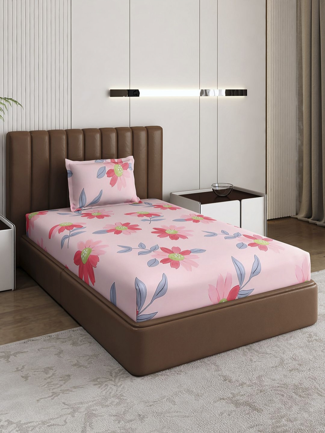Monte Carlo Magenta Floral Polyester 120 TC Single Bedsheet with a Pillow Cover-60 x 91 inches