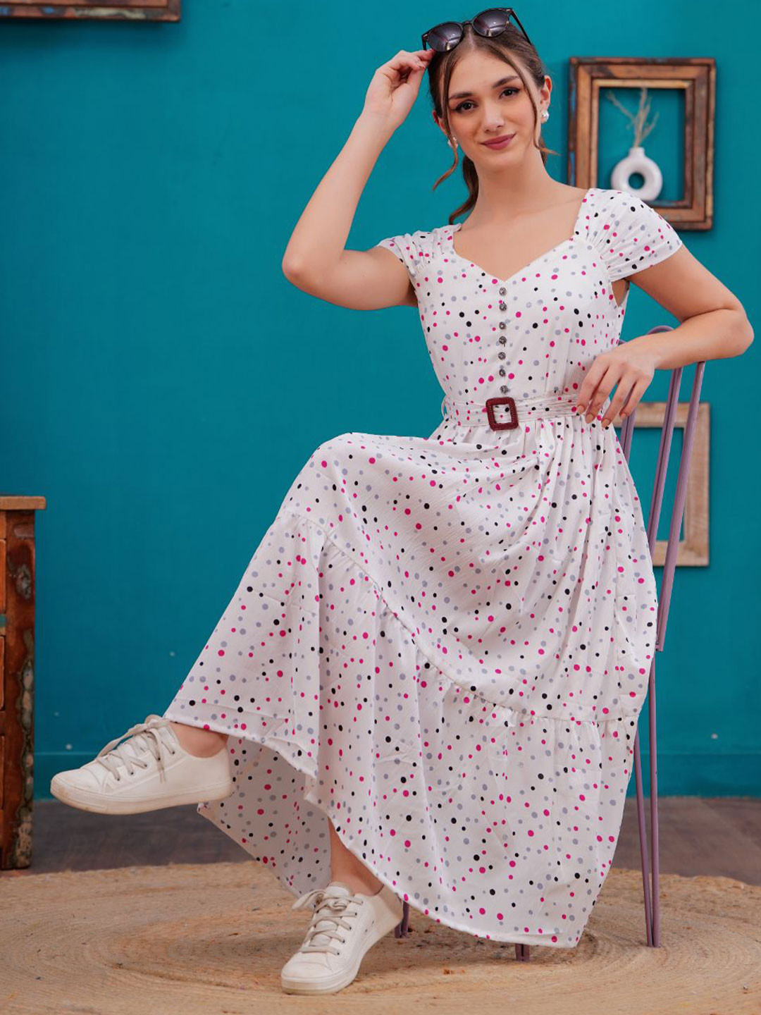 OH MI DIOS White & Pink Polka Dots Fit & Flare Midi Dress