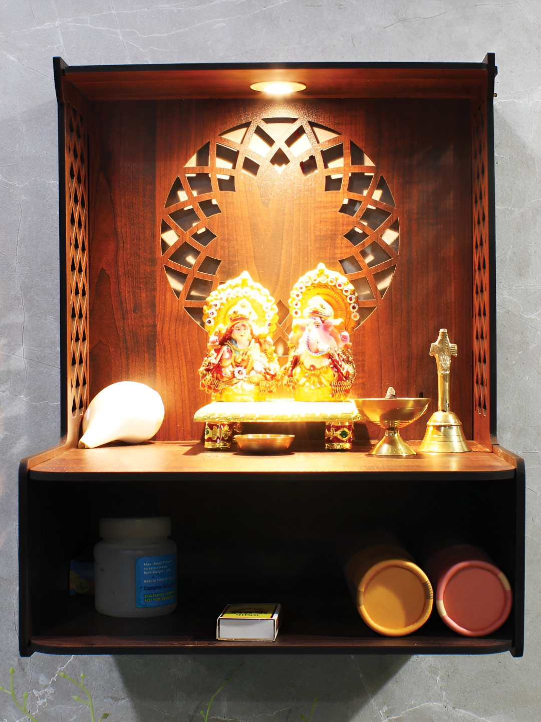 RANDOM Brown Wall Mounted Wooden Home Temple With Storage & LED Light