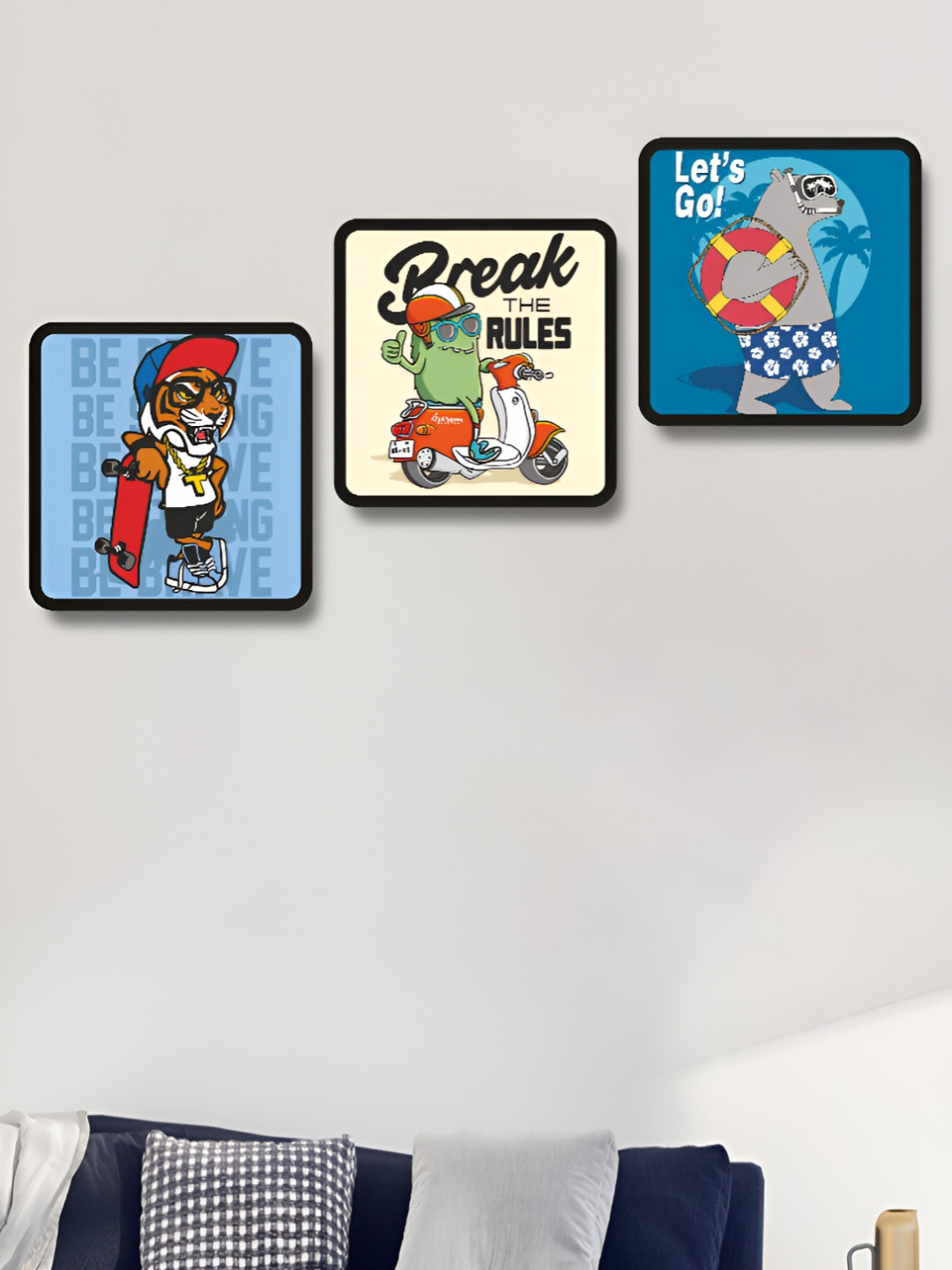 Aura Black & Blue 3 Pieces Cartoon Characters Wood Wall Art