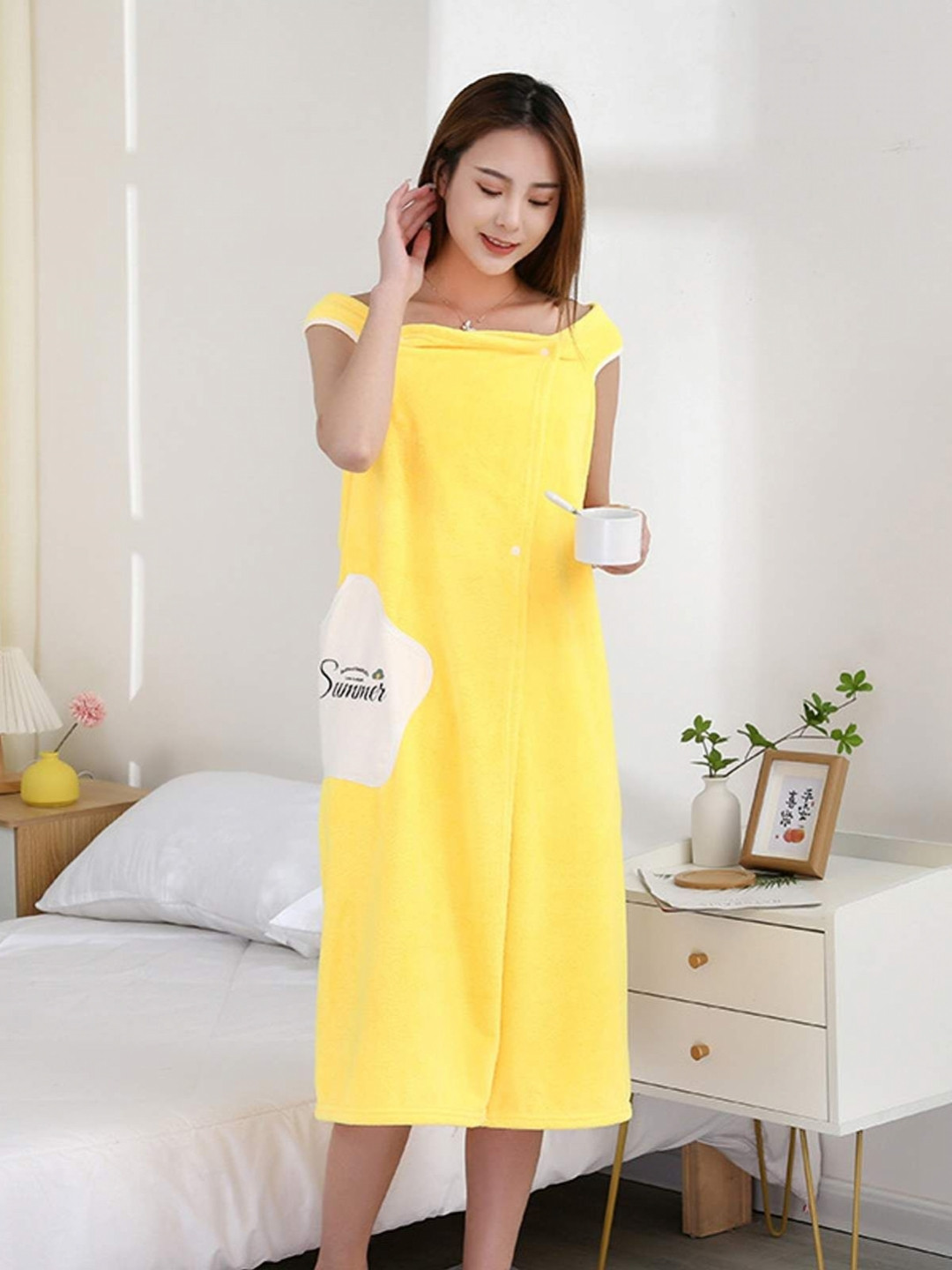 HOUSSE Star_BT Yellow Solid Microfibre Slip-On Midi Bath Wrap-XL
