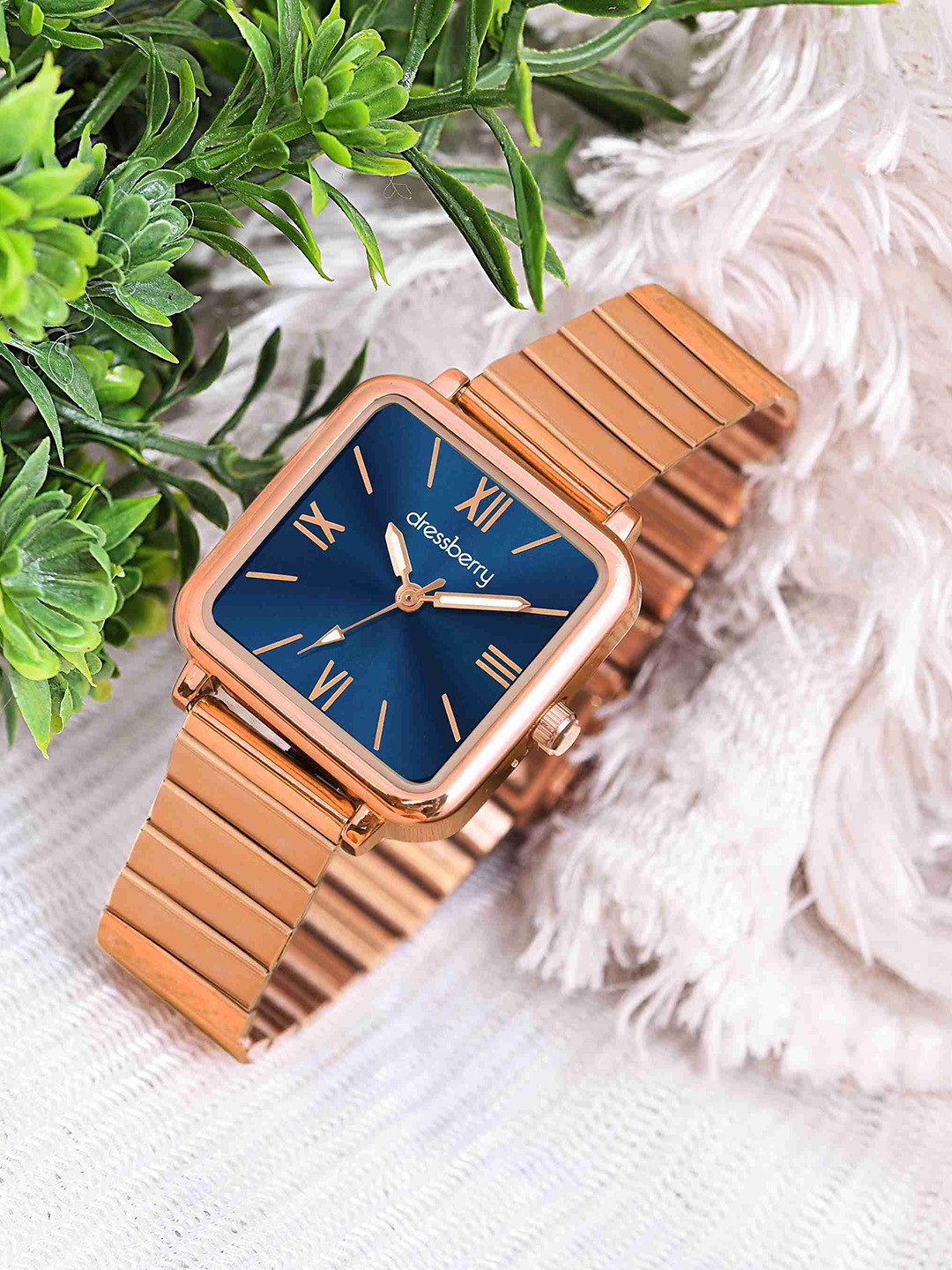 DressBerry Women Stainless Steel Style Straps Analogue Watch 503 Blue Rose Gold Roman