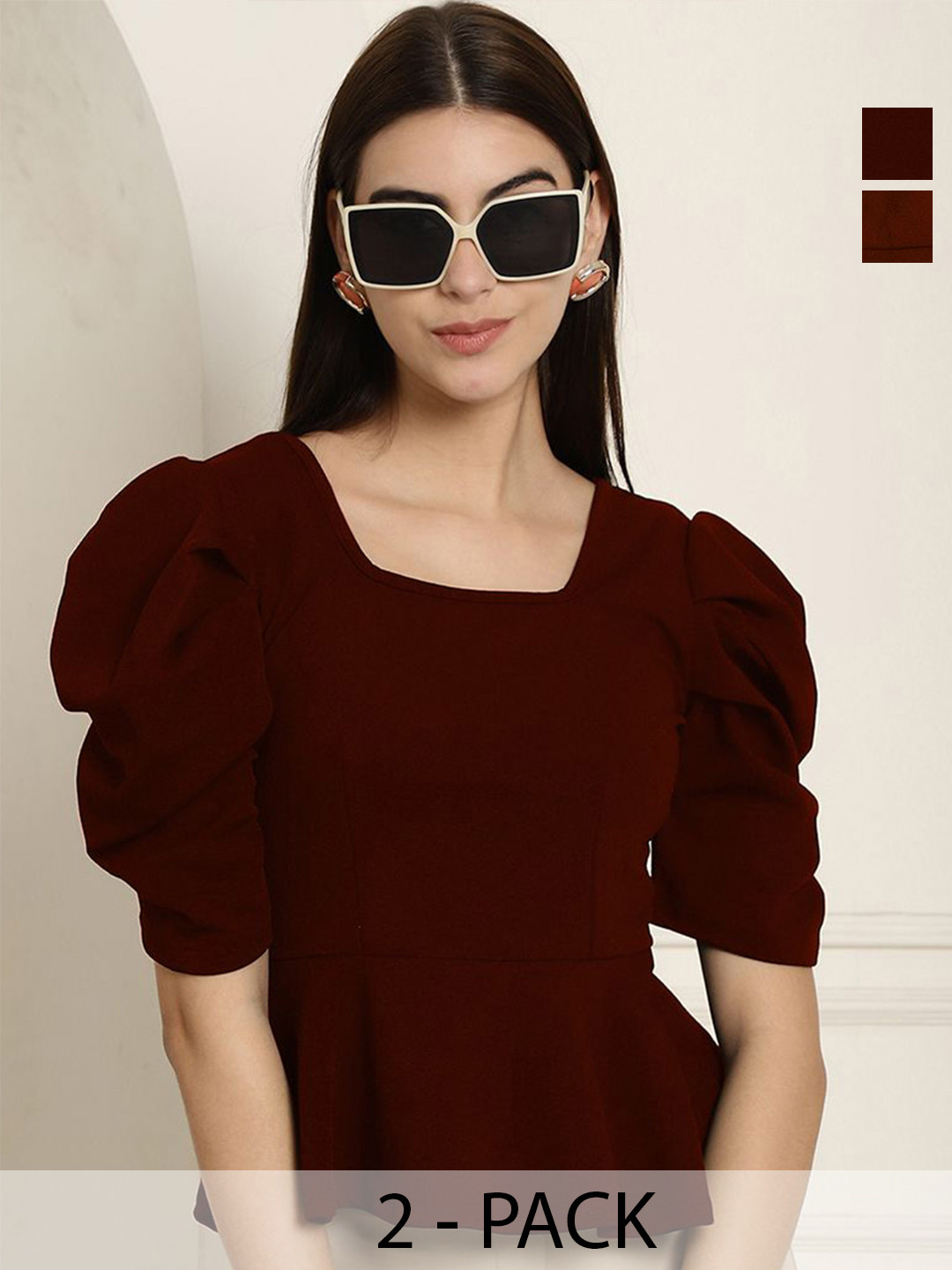 Metronaut Pack of 2 Women's Puff Sleeve Peplum Top