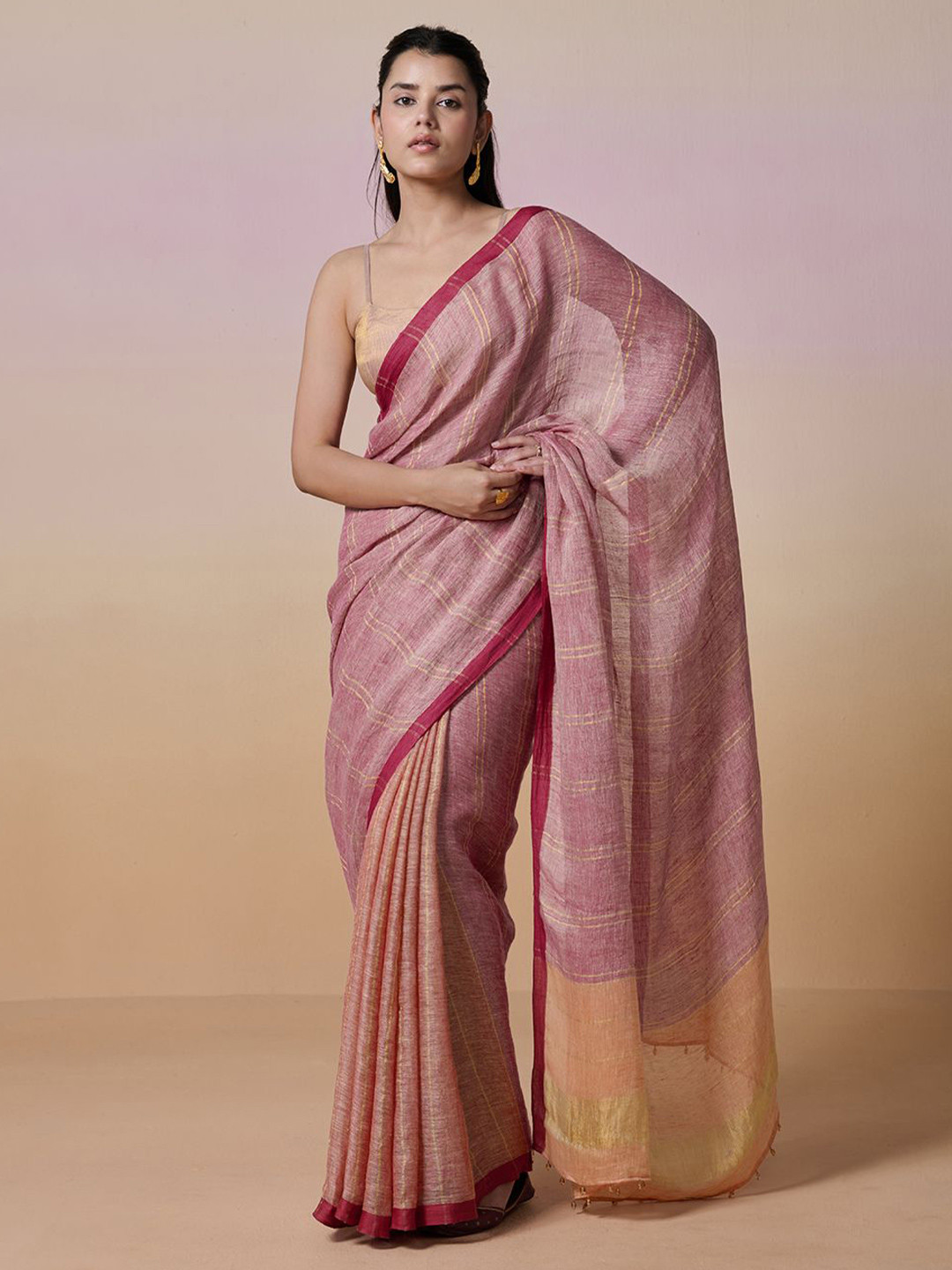 Dressfolk Handloom Linen Pink and Orange Saree with blouse piece
