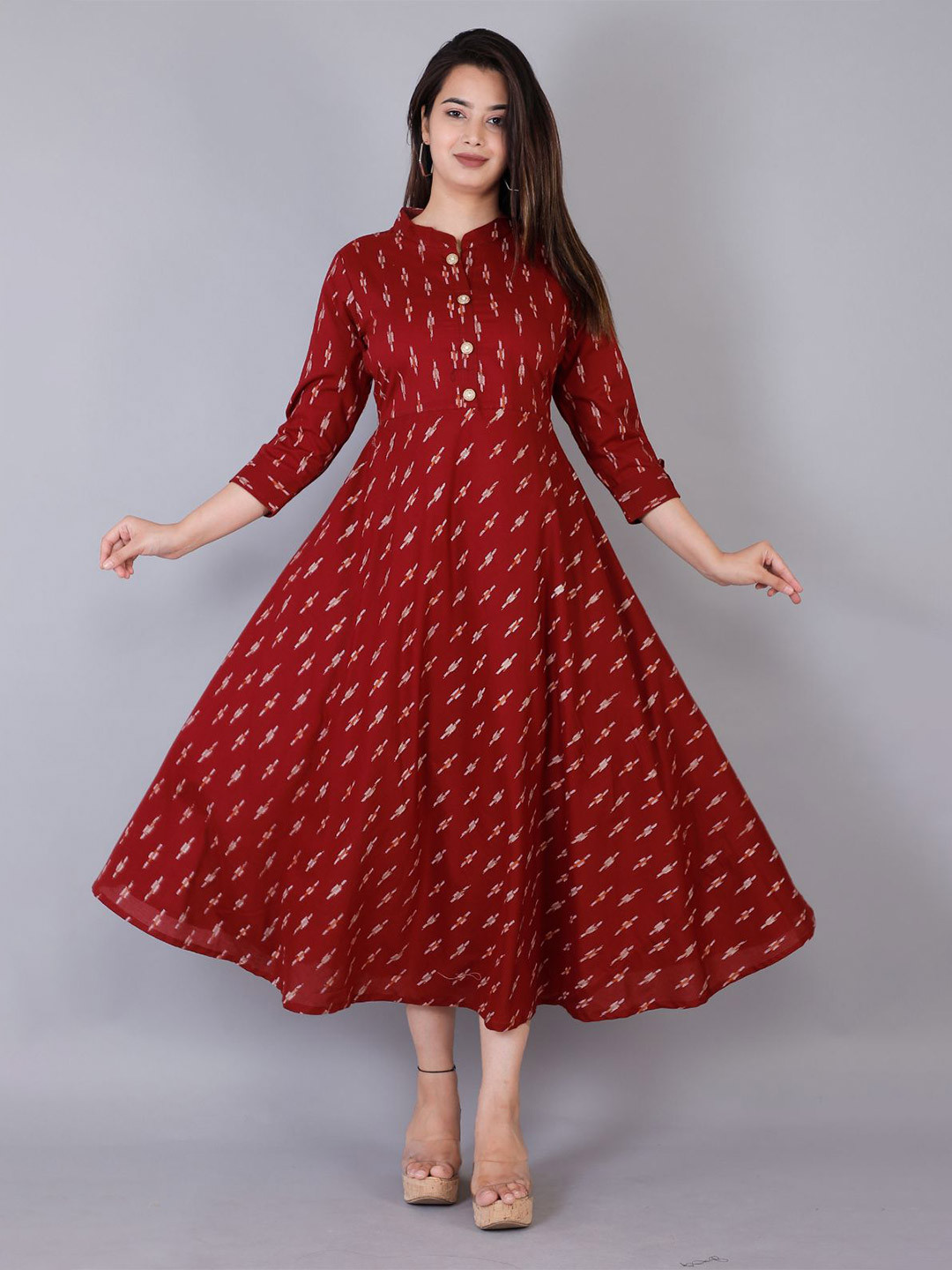 OH MI DIOS Women Maroon Abstract Print Fit and Flare Midi Dress