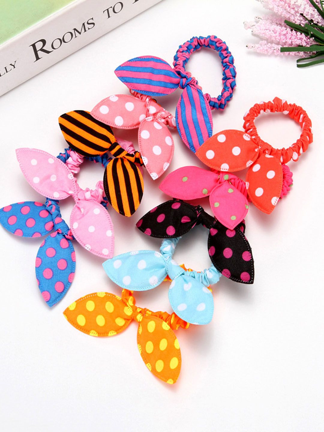 LYKAA Set of 10 Assorted Printed Rabbit Ear Hair Rubber Bands Scrunchies