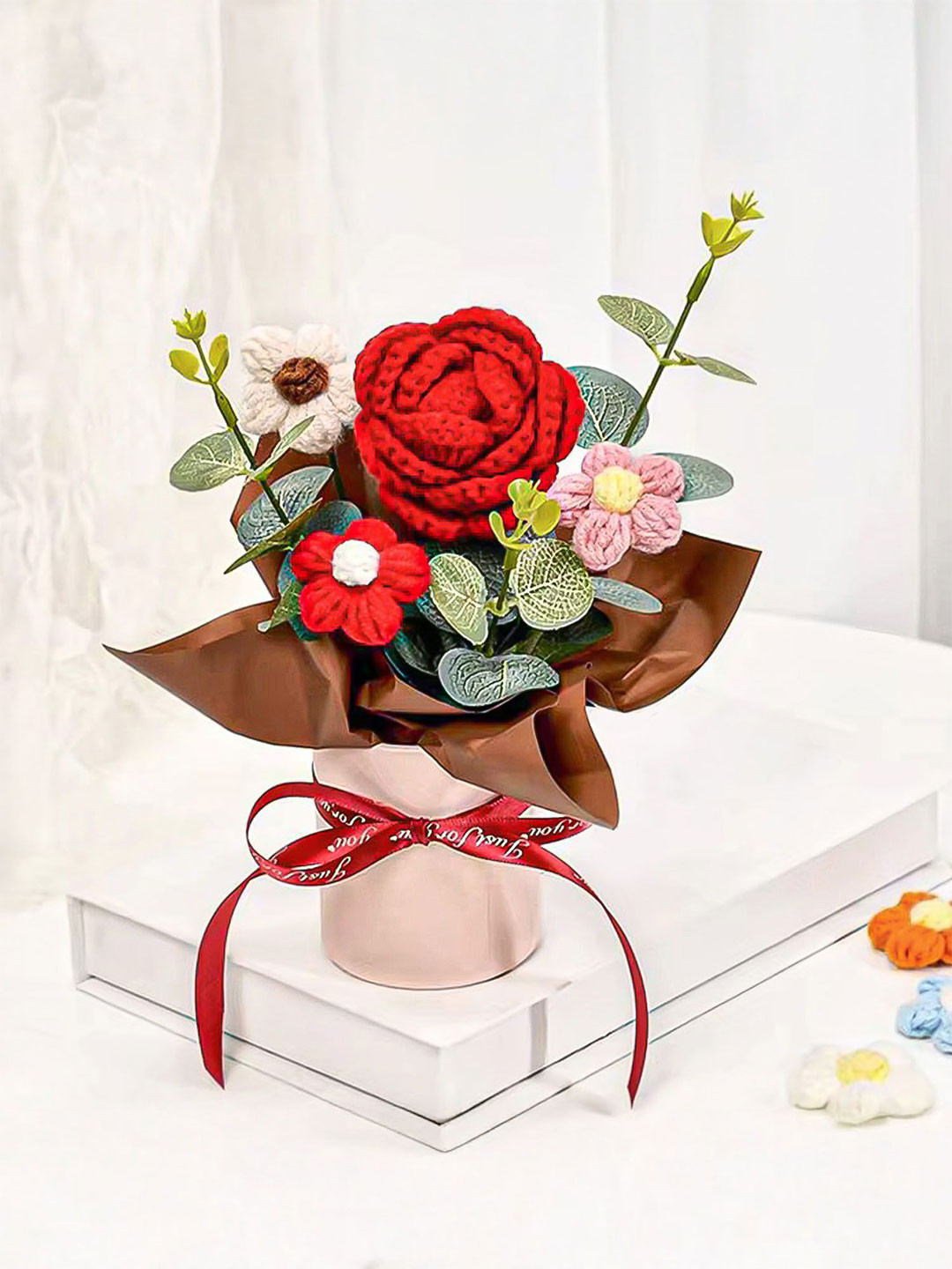 Nostrae by Ekhasa Red & Green Rose Crochet Artificial Flowers Bouquet