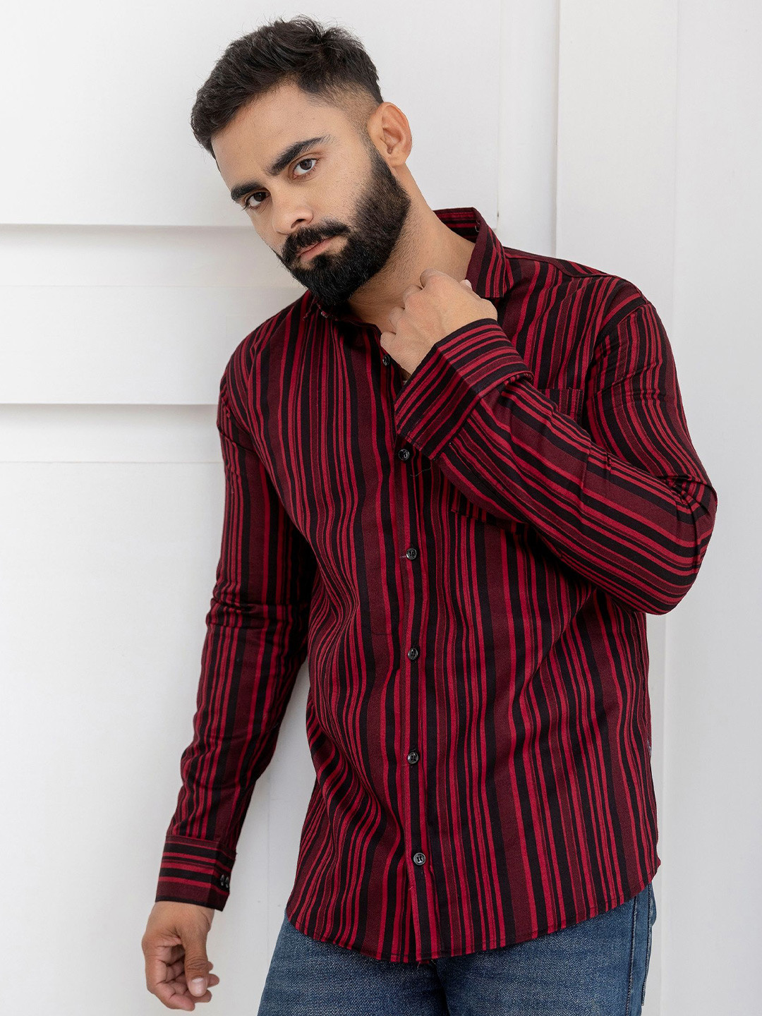 SURHI Men Comfort Fit Vertical Striped Spread Collar Cotton Casual Shirt
