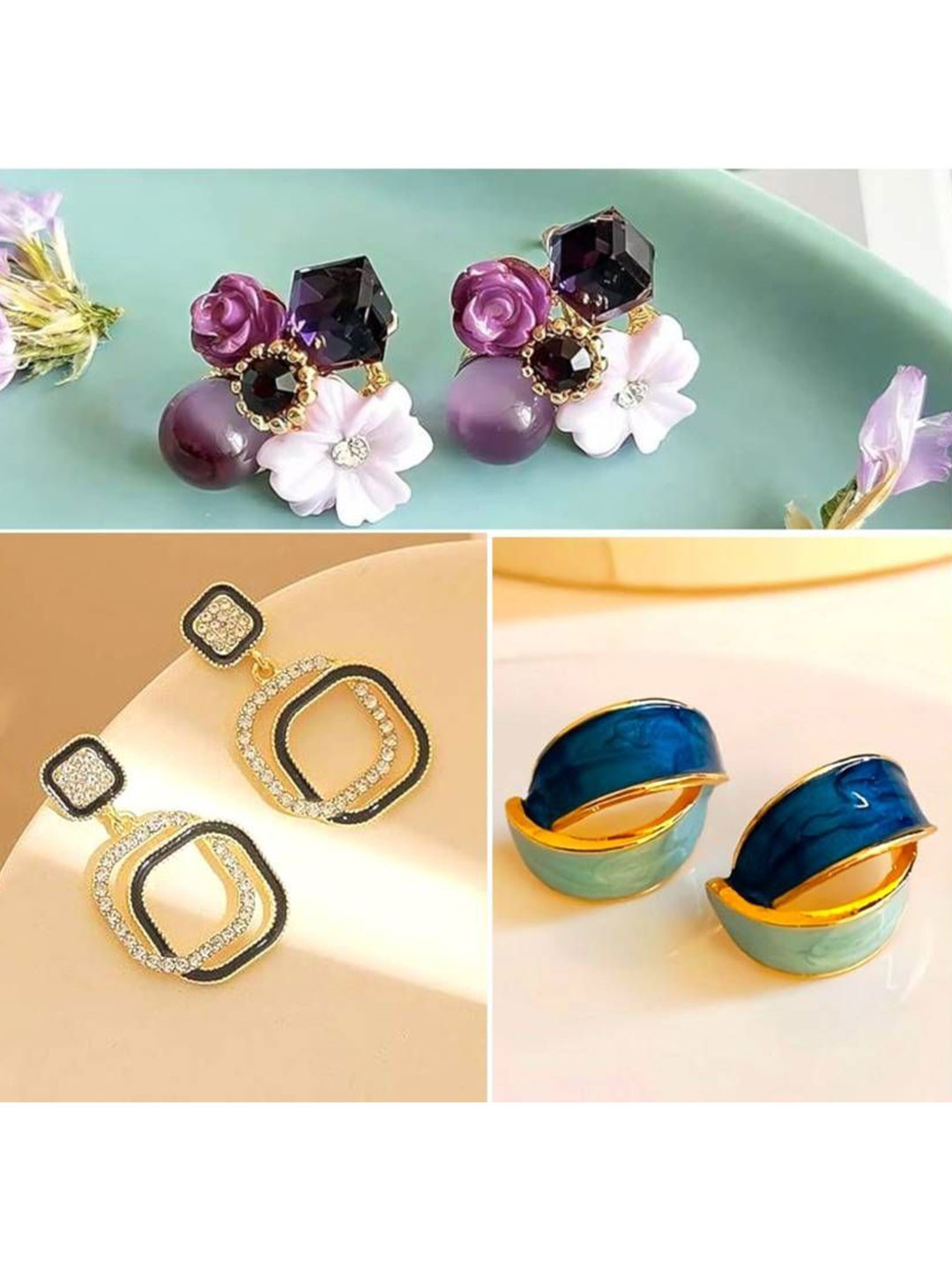 DressBerry Set Of 3 Agate Stones Studded Contemporary Drop Earrings