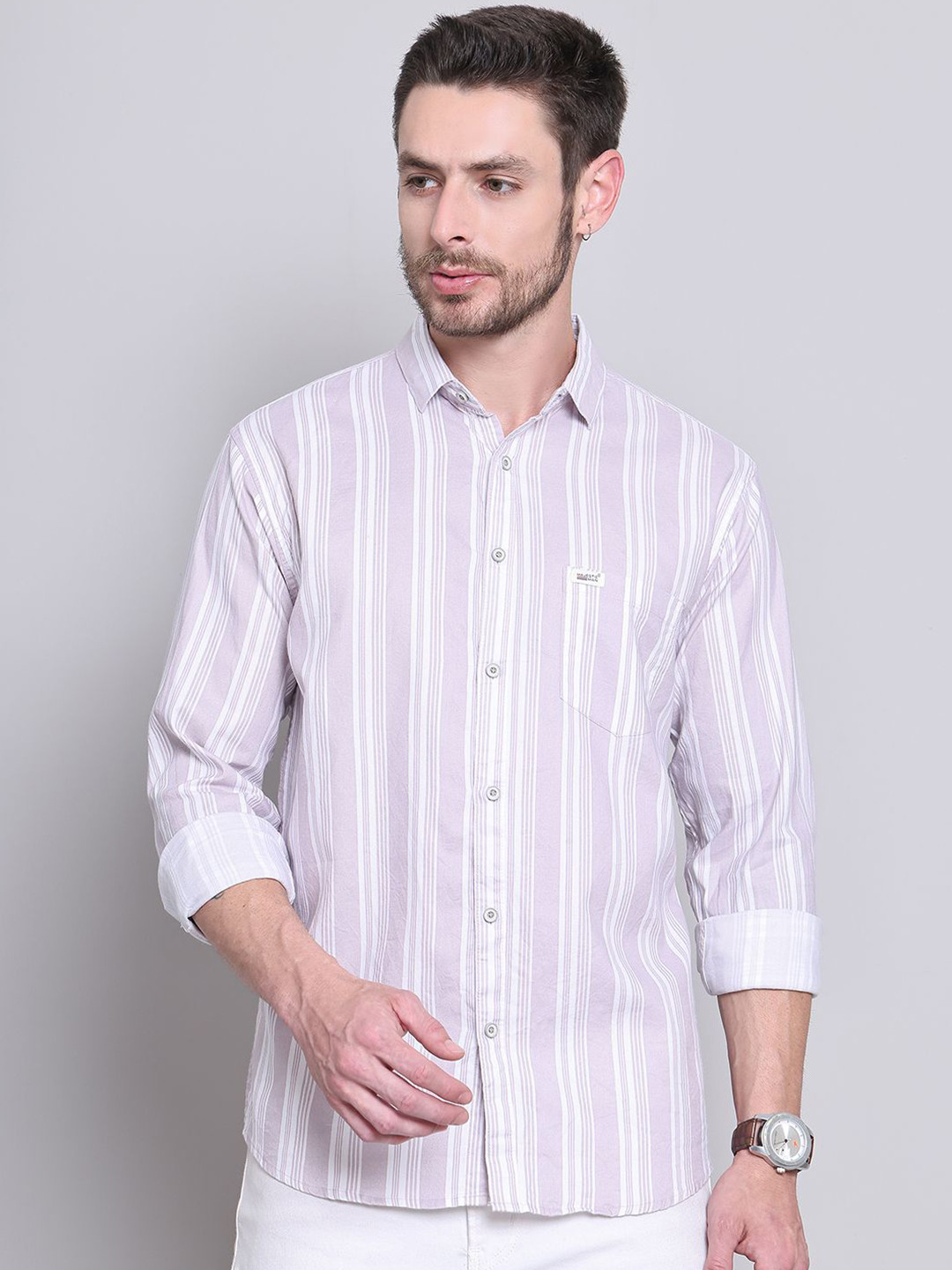 Majestic Man Men Comfort Slim Fit Vertical Striped Spread Collar Cotton Casual Shirt