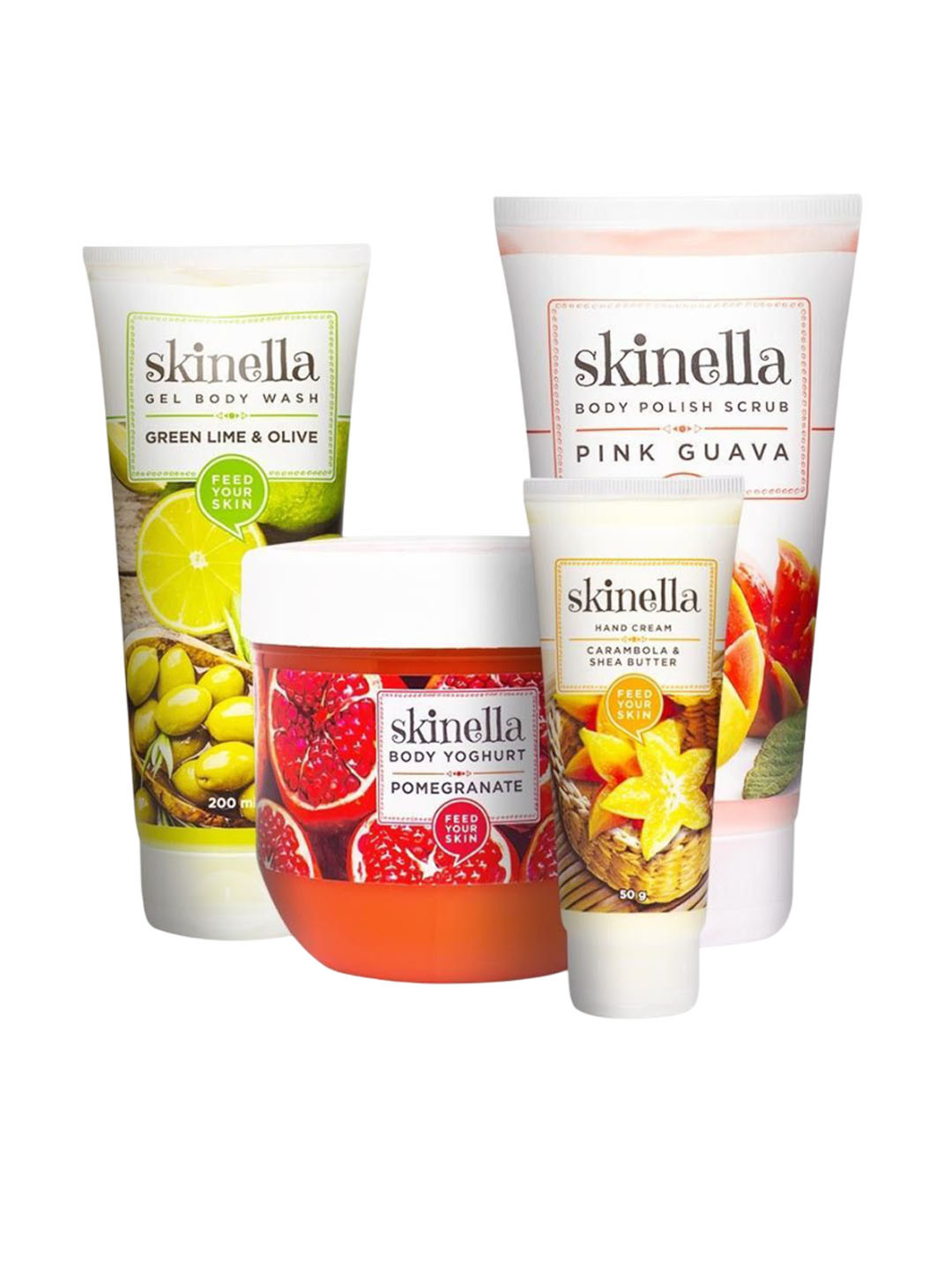 skinella Set Of Body Wash 200 ml-Body Scrub 150 g-Hand Cream 50 g & Body Yoghurt 200 g