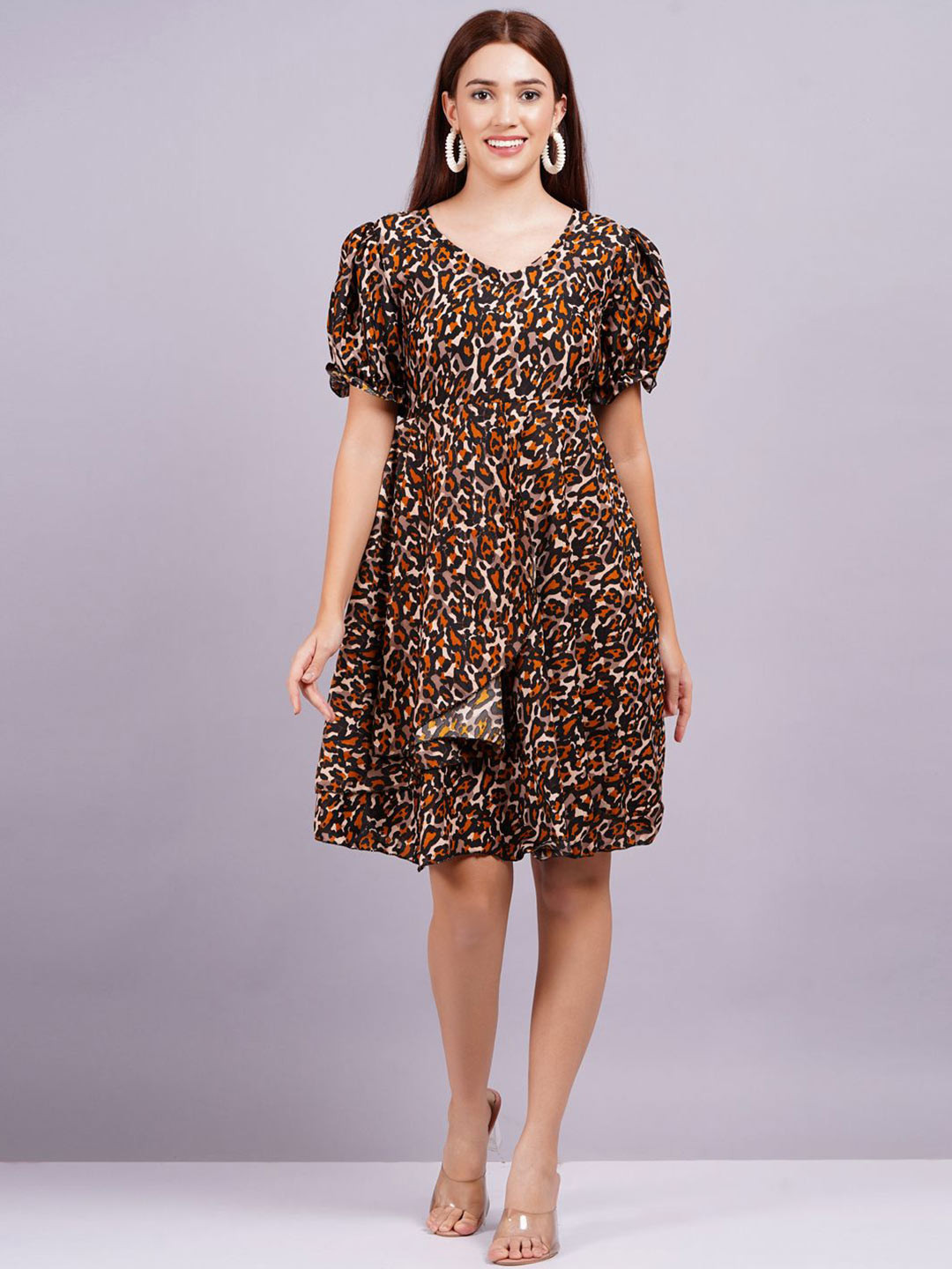 OH MI DIOS Animal Print Puff Sleeve Fit & Flare Dress